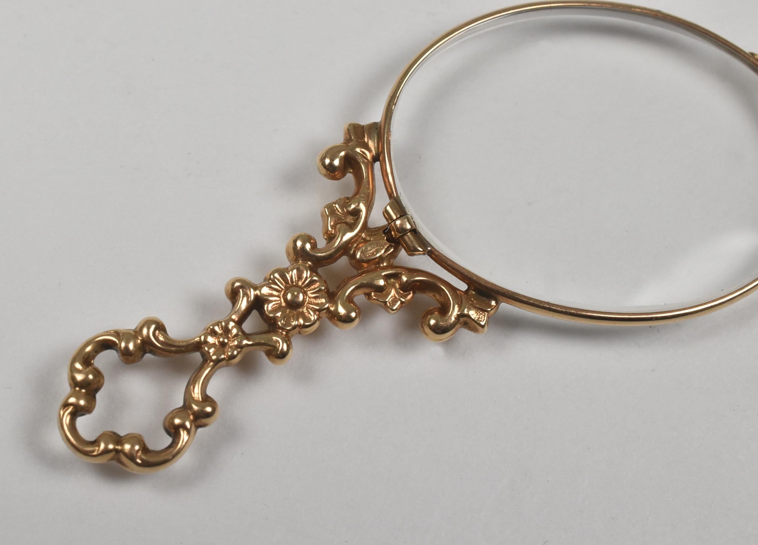 Ladies 14 carat yellow gold lorgnette spectacles. Frame is 3.75