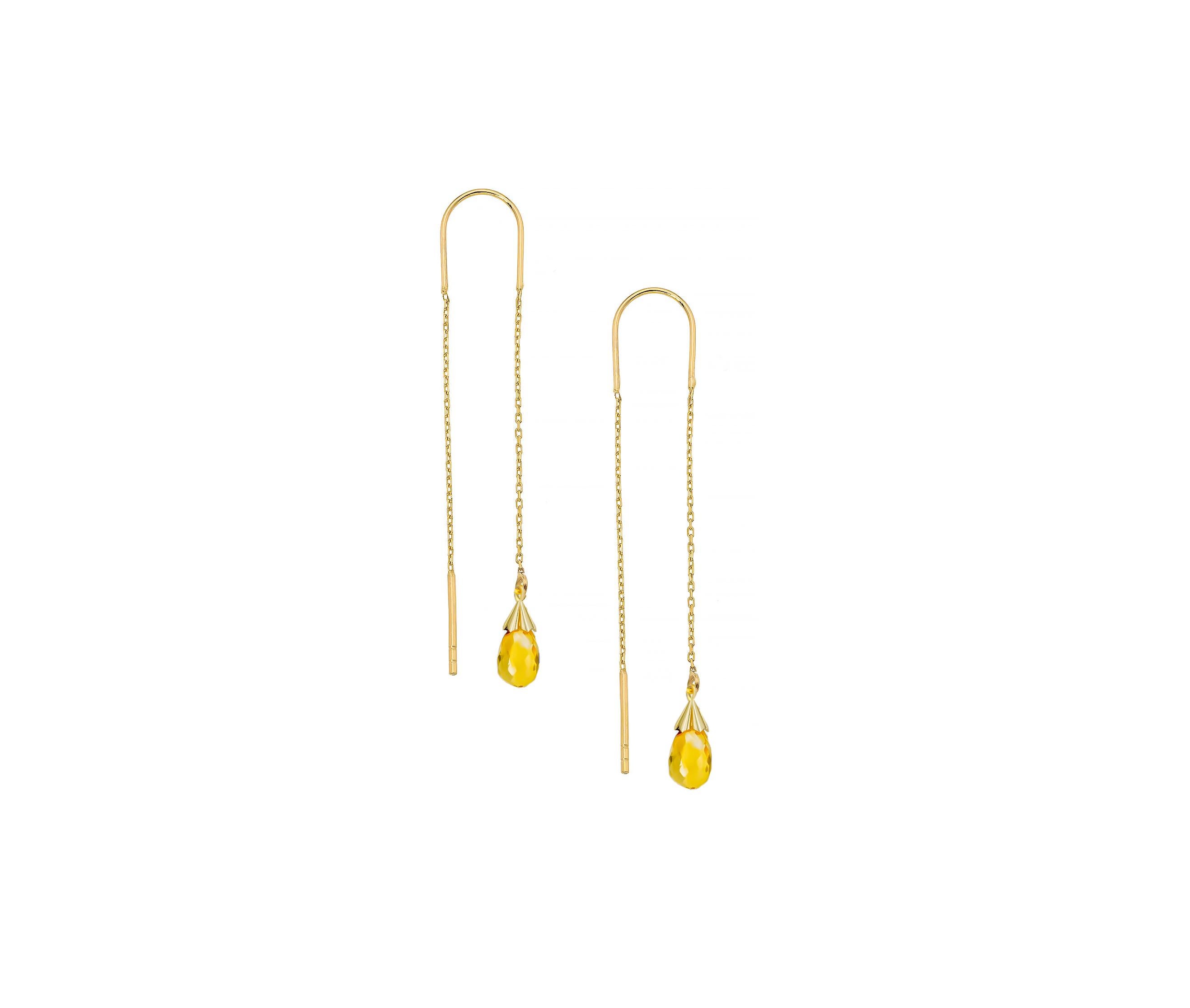 Modern 14 k yellow gold Threader earrings with citrines.  For Sale
