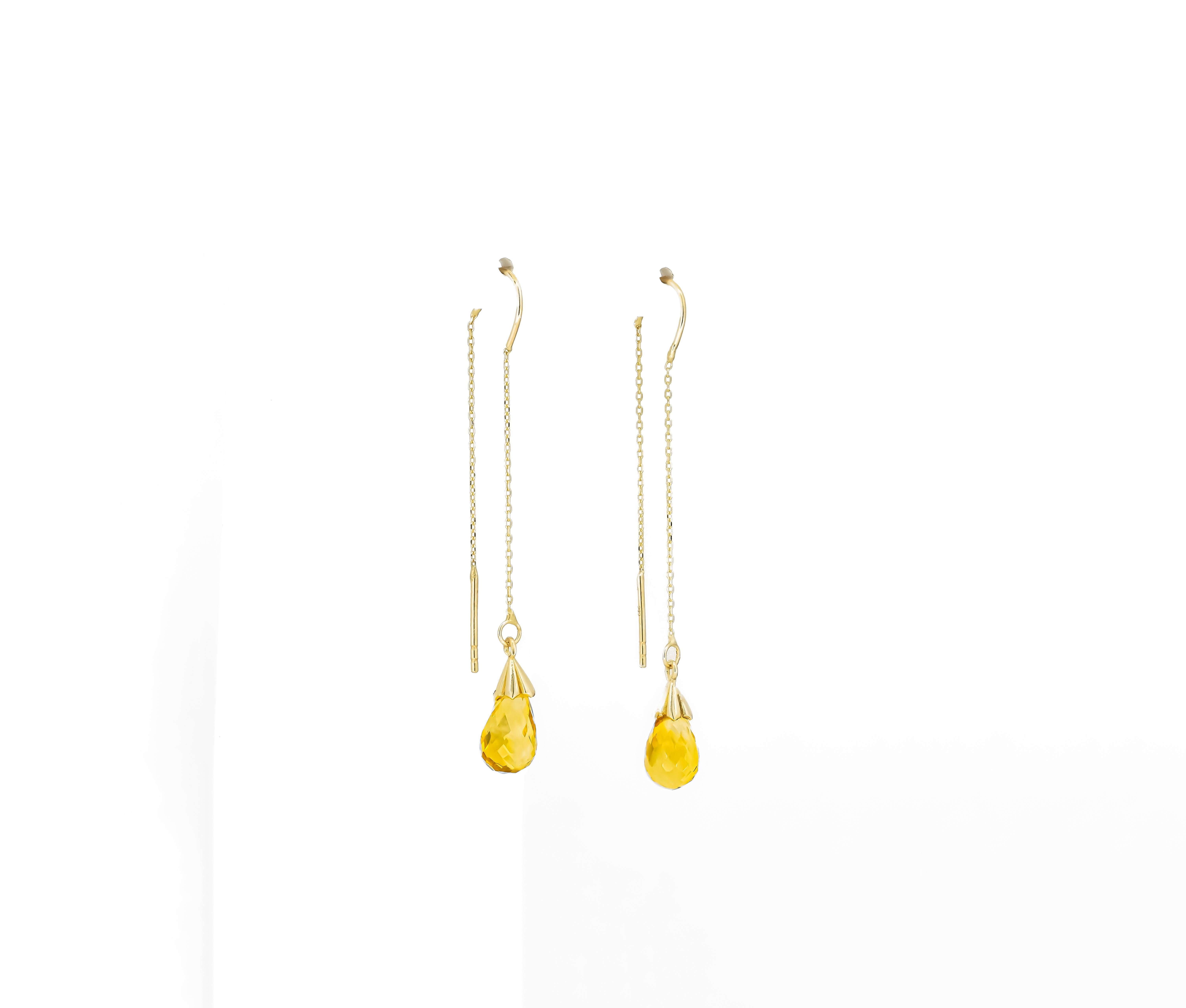 Briolette Cut 14 K Yellow Gold Threader Earrings with Citrines For Sale