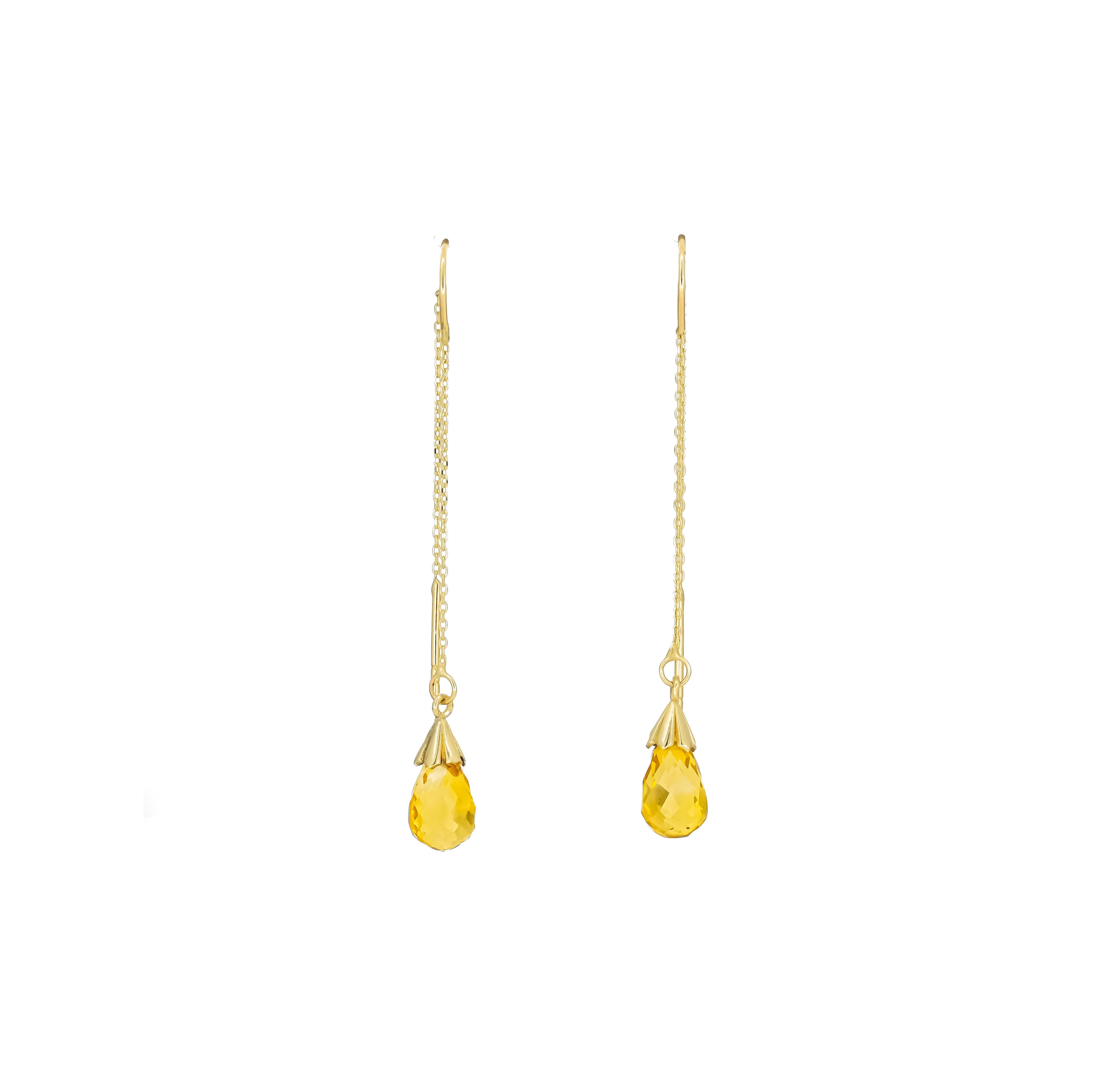 Briolette Cut 14 k yellow gold Threader earrings with citrines.  For Sale