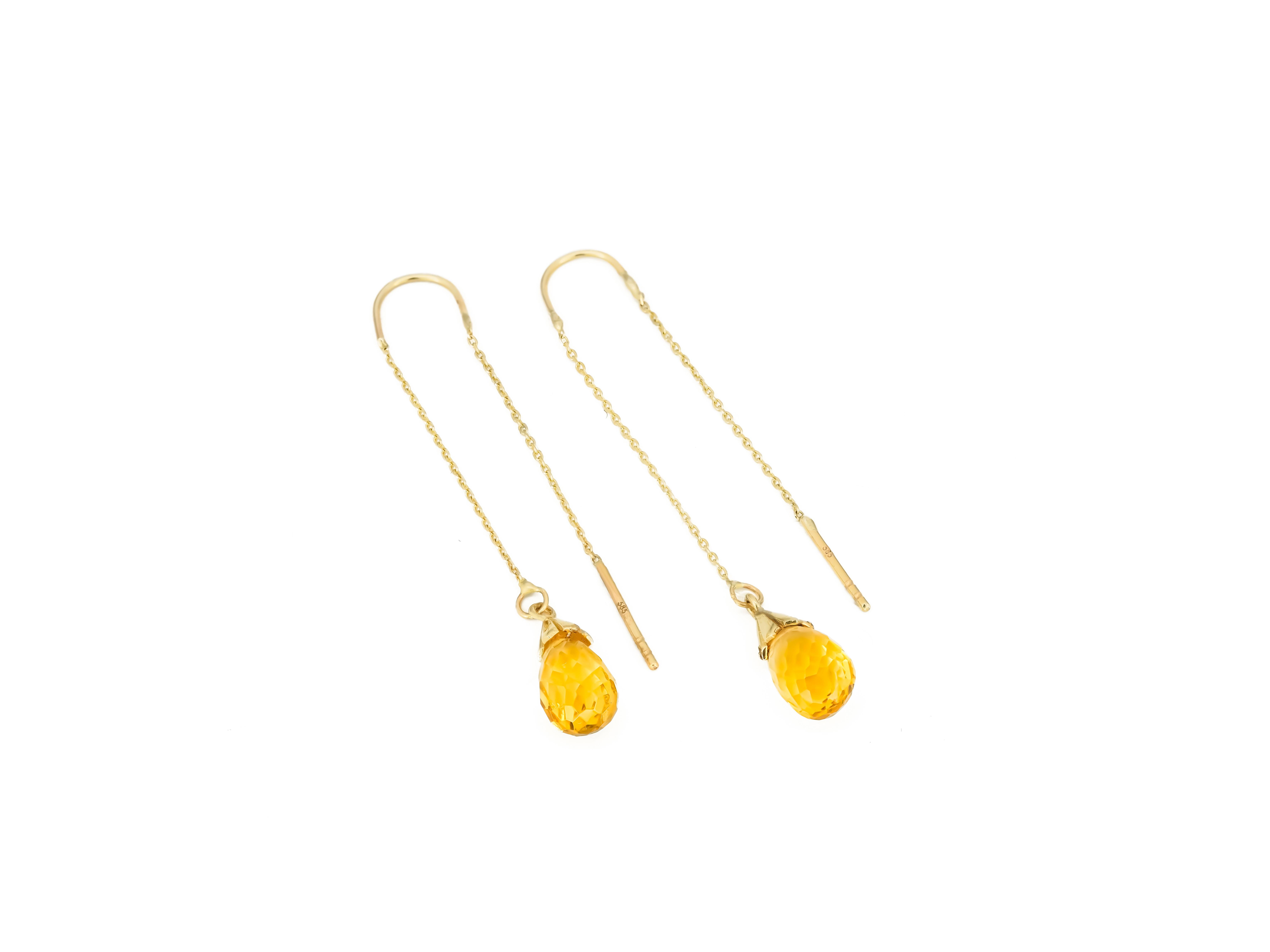 14k Yellow Gold Threader Earrings with Citrines In New Condition For Sale In Istanbul, TR
