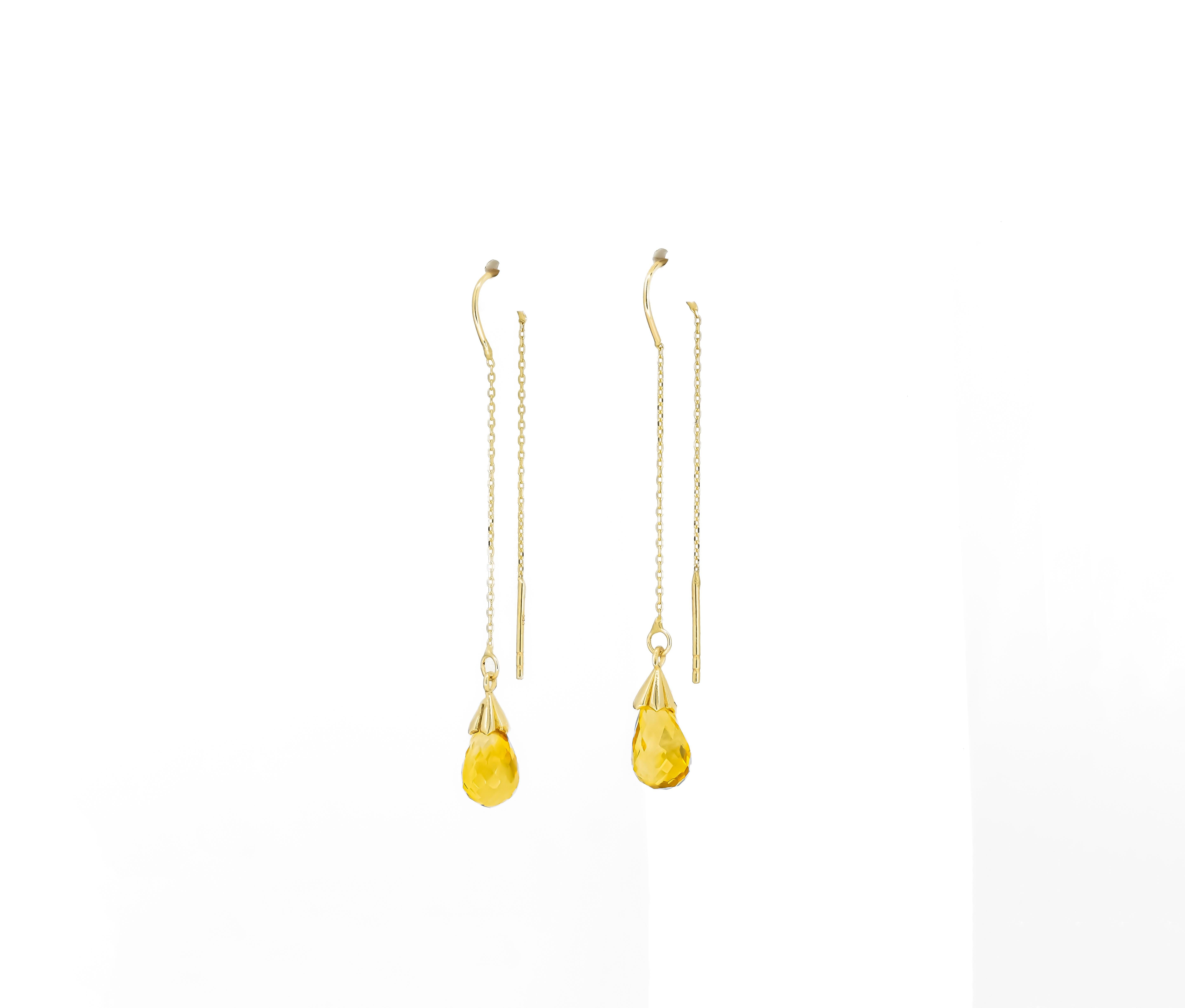 14 k yellow gold Threader earrings with citrines.  In New Condition For Sale In Istanbul, TR