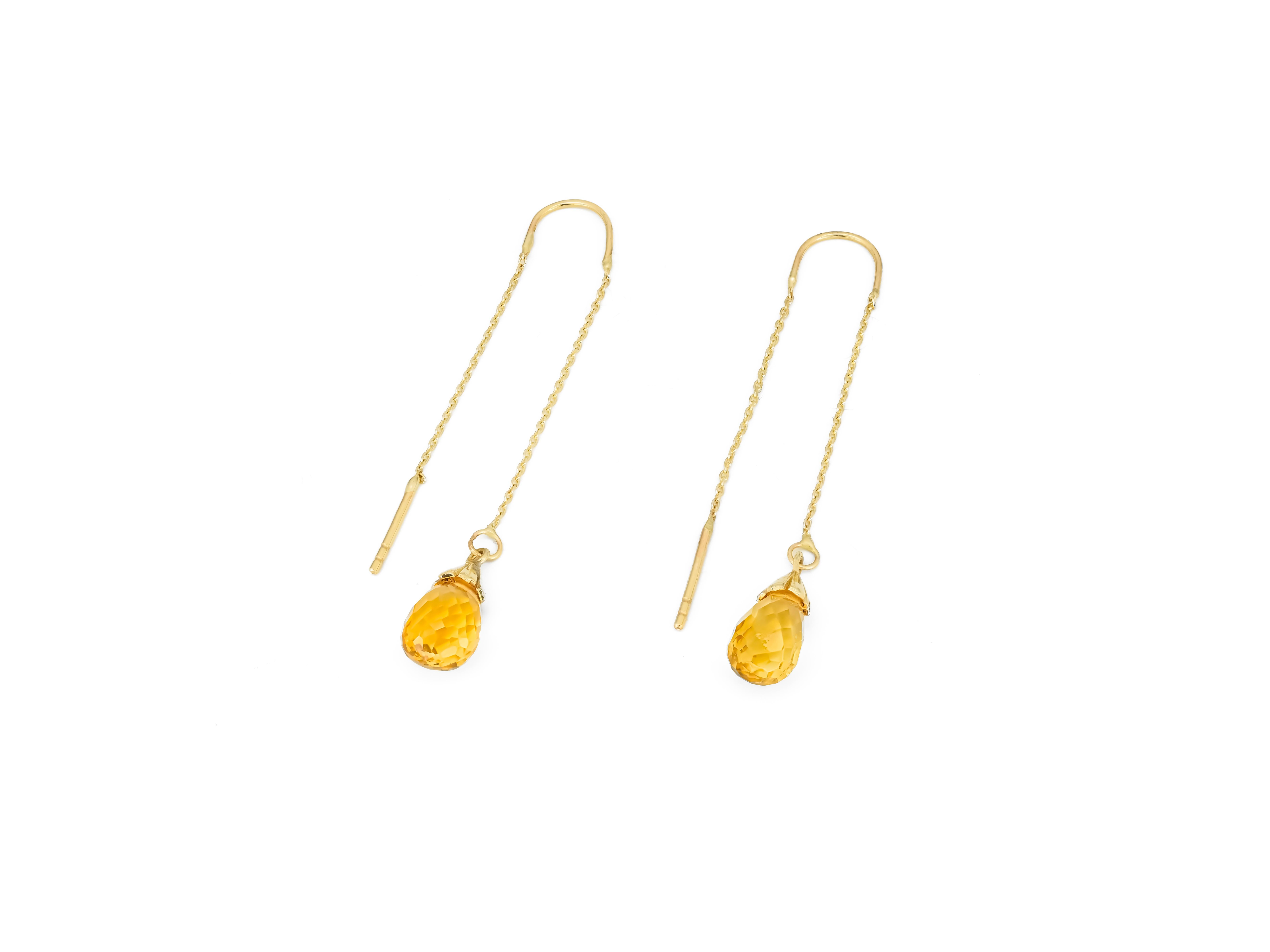 Women's or Men's 14 K Yellow Gold Threader Earrings with Citrines For Sale