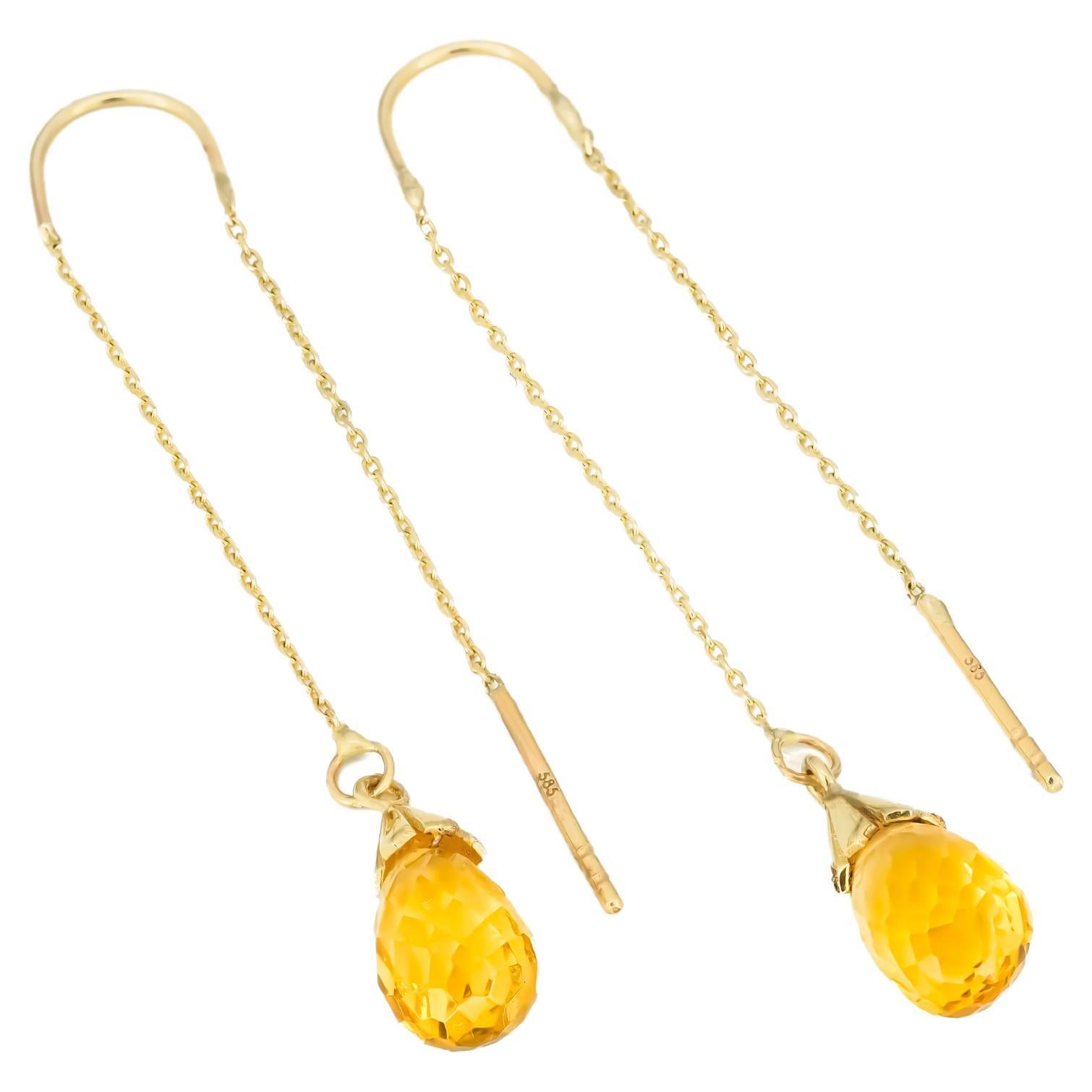 14k Yellow Gold Threader Earrings with Citrines For Sale