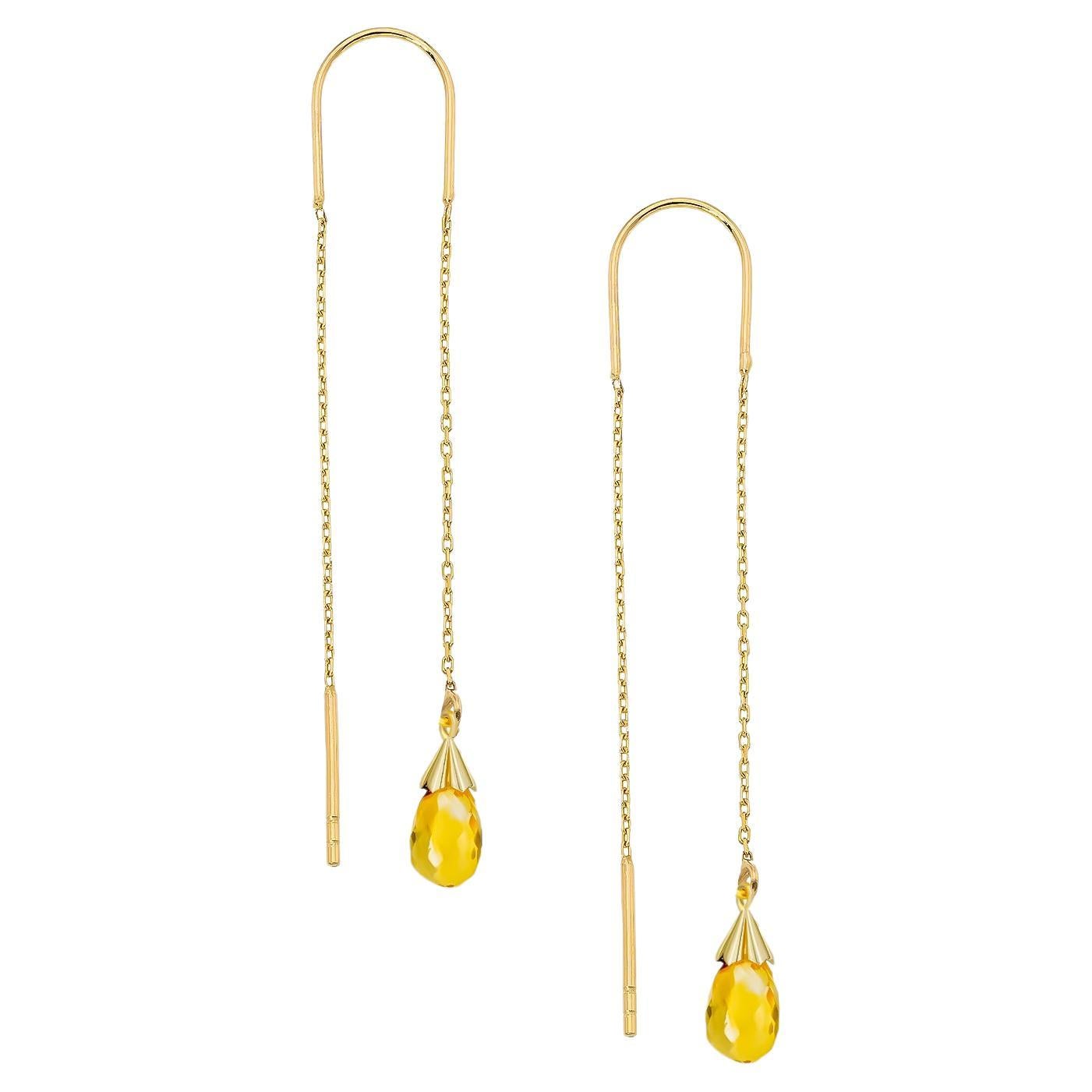 14 k yellow gold Threader earrings with citrines.  For Sale
