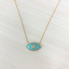 14 Karat 0.19 Carat Diamond & Turquoise Evil Eye Necklace