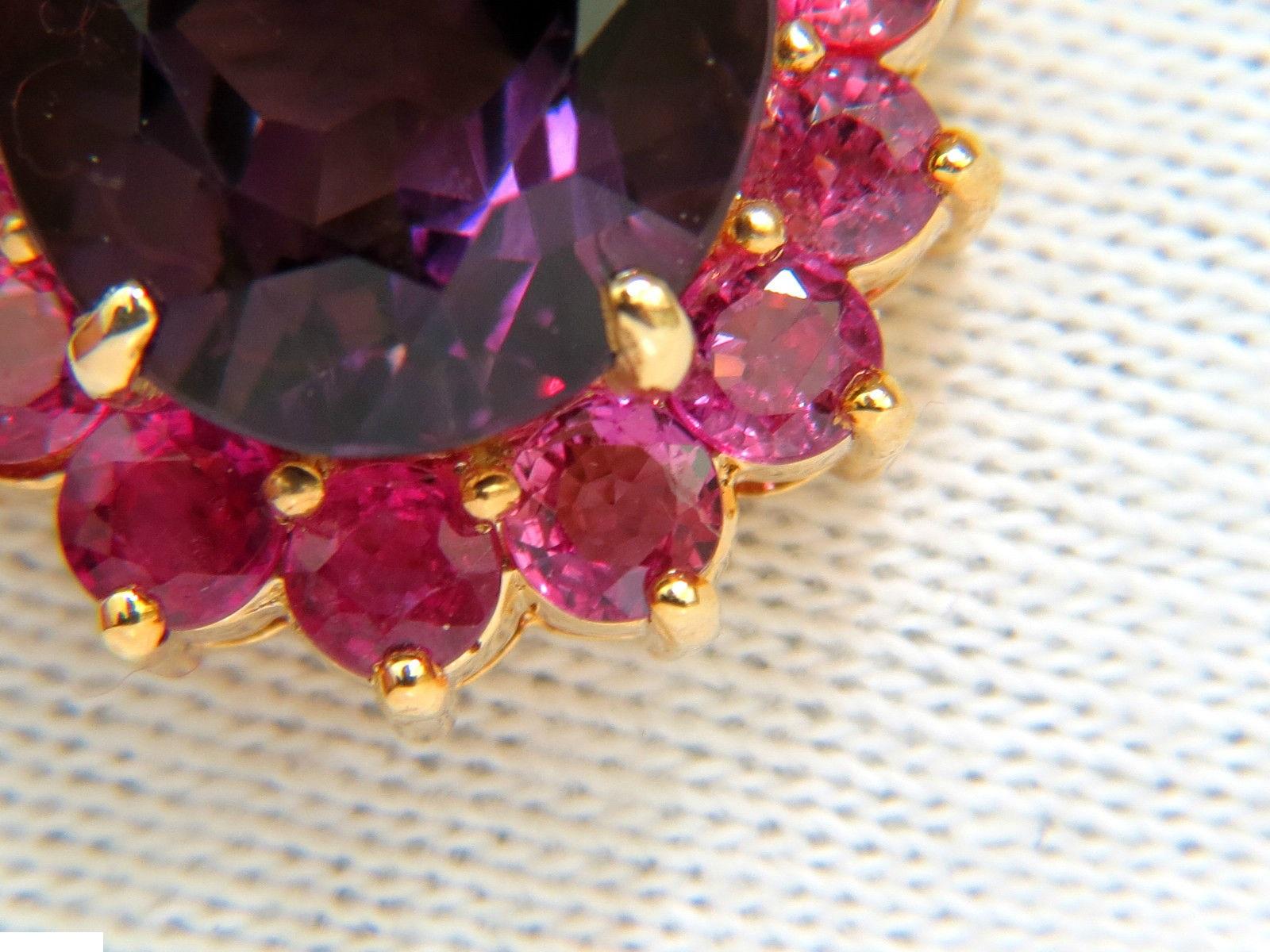 14 Karat 13.5 Carat Natural Amethyst Ruby Diamonds Cluster Halo Pendant In New Condition In New York, NY