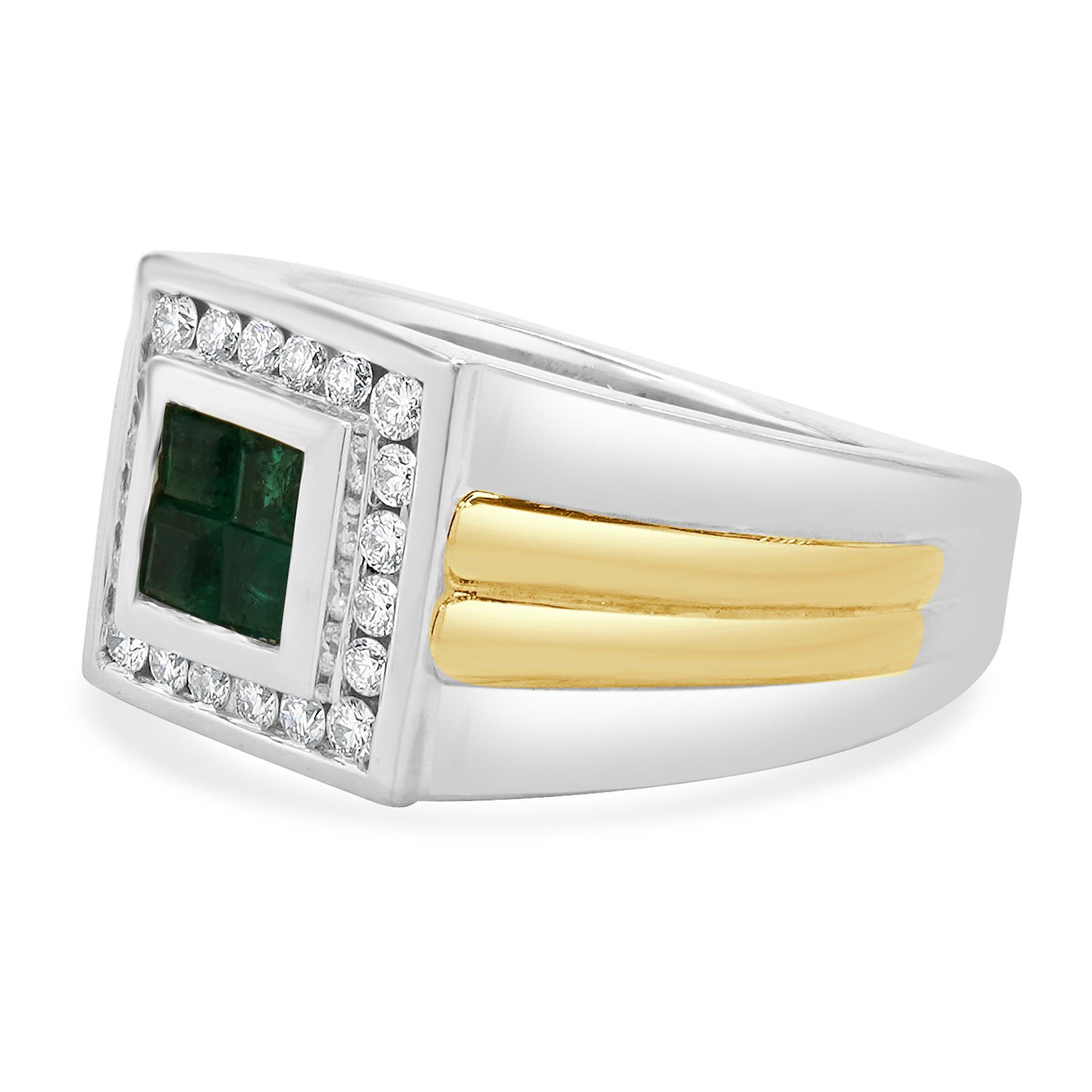 Designer: Colombian Emerald
International
Material: 14K white & yellow gold
Diamond: 20 round brilliant cut = 0.60cttw
Color: G
Clarity: VS2
Emerald: 4 princess cut = 0.30cttw
Dimensions: ring top measures 12.4mm wide
Ring Size: 8.5 (please allow