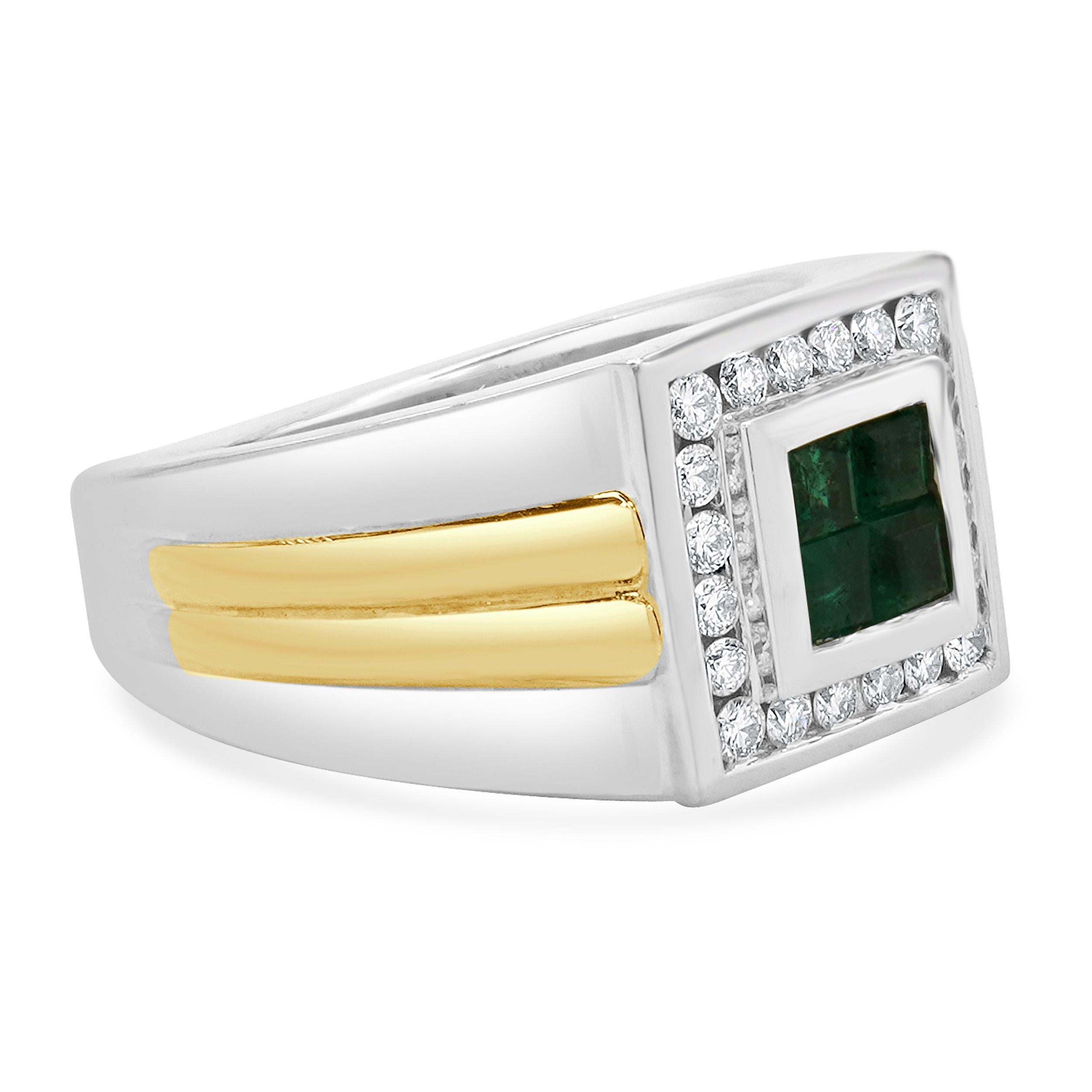 Princess Cut 14 Karat 2 Tone Colombian Emerald International Emerald and Diamond Ring For Sale