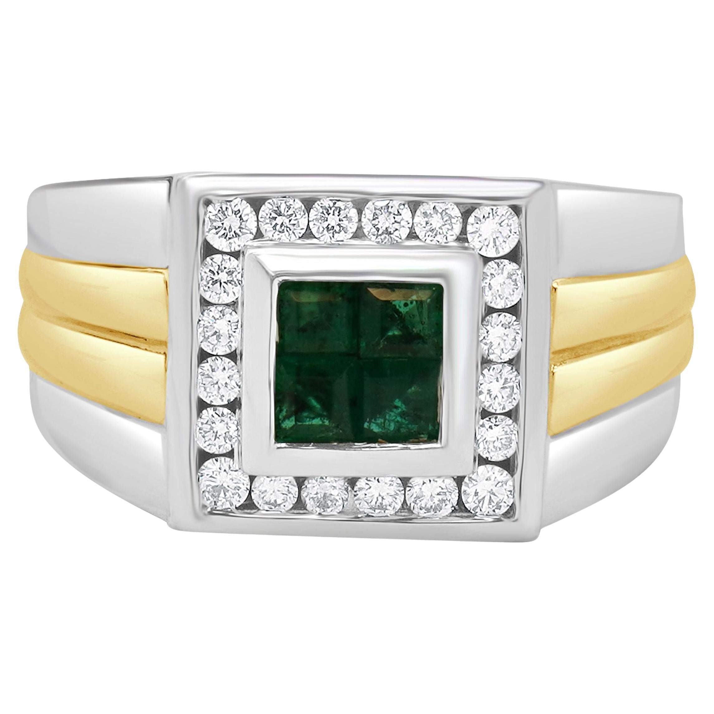 14 Karat 2 Tone Colombian Emerald International Emerald and Diamond Ring For Sale