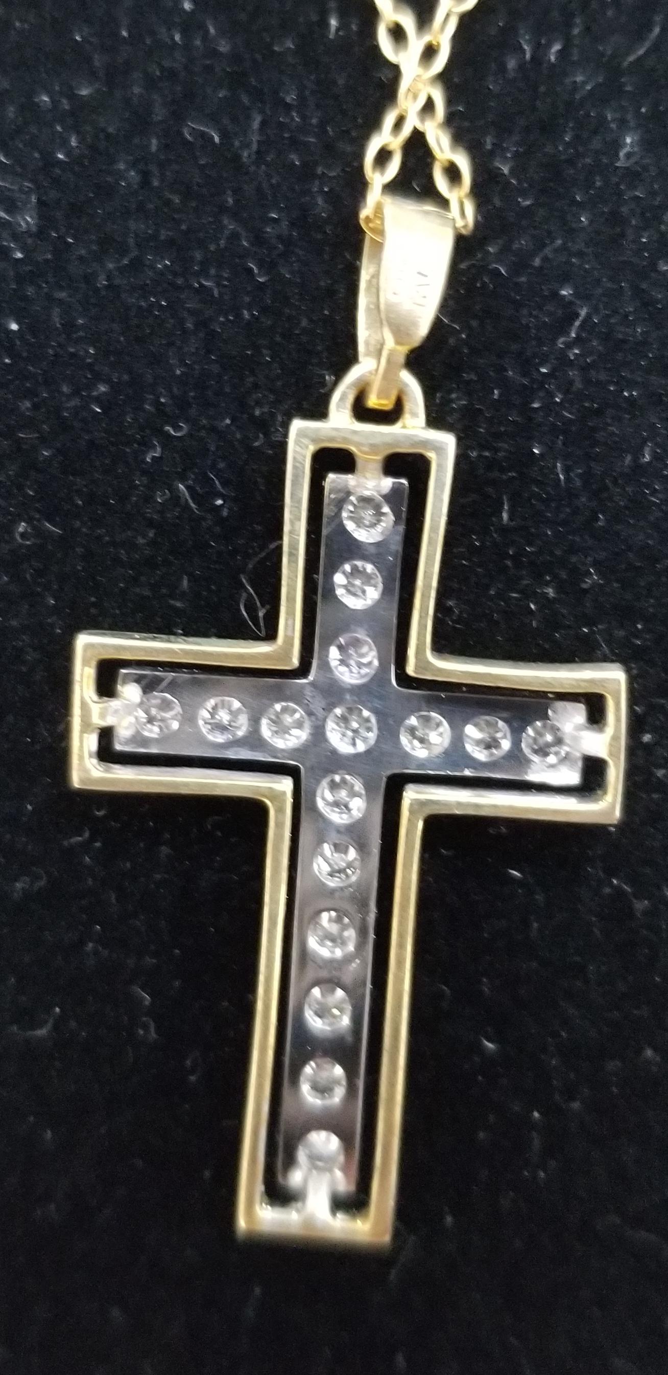 Artisan 14 Karat 2-Tone Diamond Cross and Chain For Sale