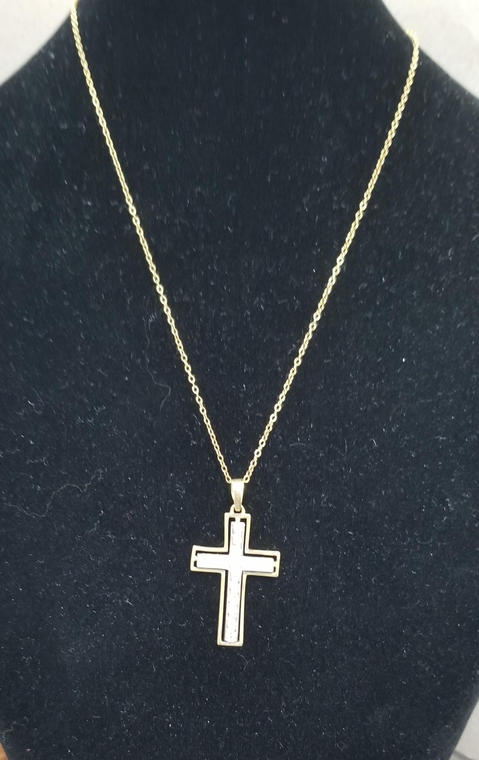 Round Cut 14 Karat 2-Tone Diamond Cross and Chain For Sale