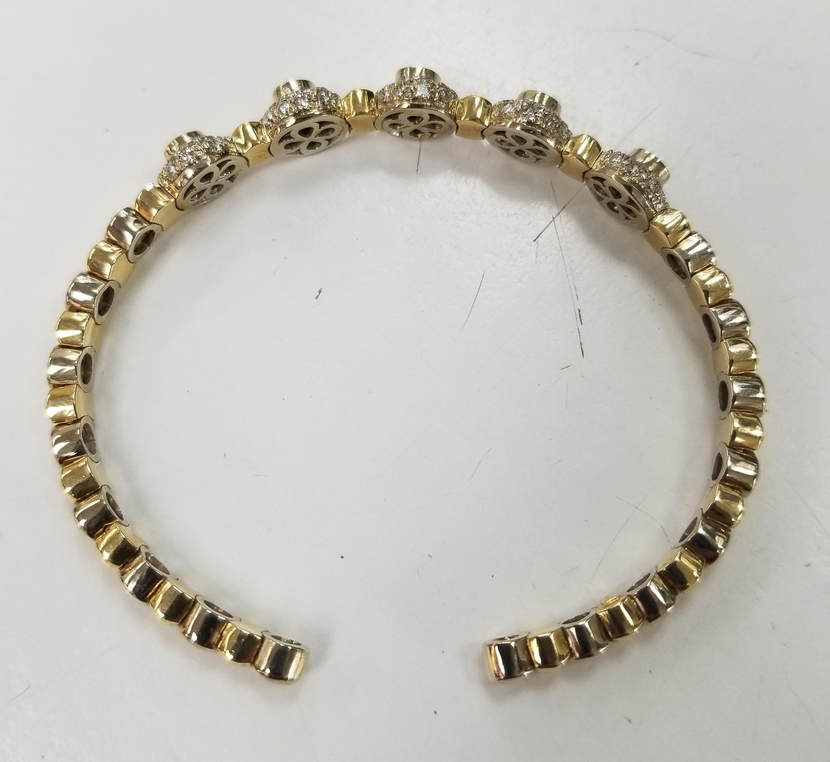Women's or Men's 14 Karat 2-Tone Gold Diamond and Emerald Flexible Bracelet For Sale