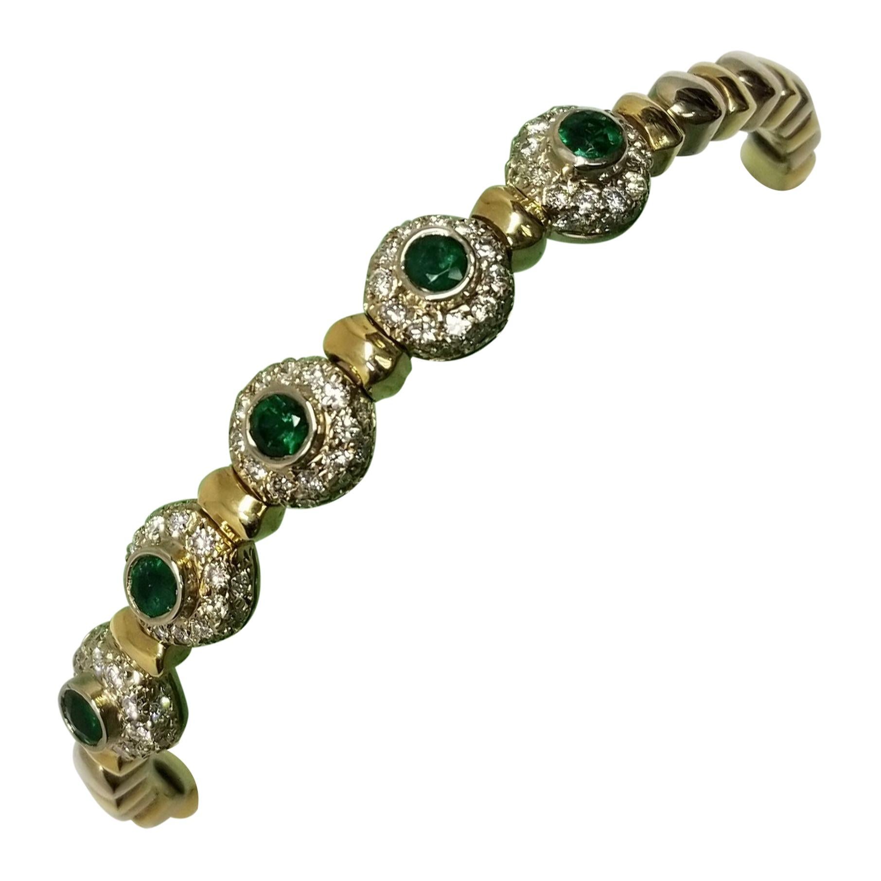 14 Karat 2-Tone Gold Diamond and Emerald Flexible Bracelet