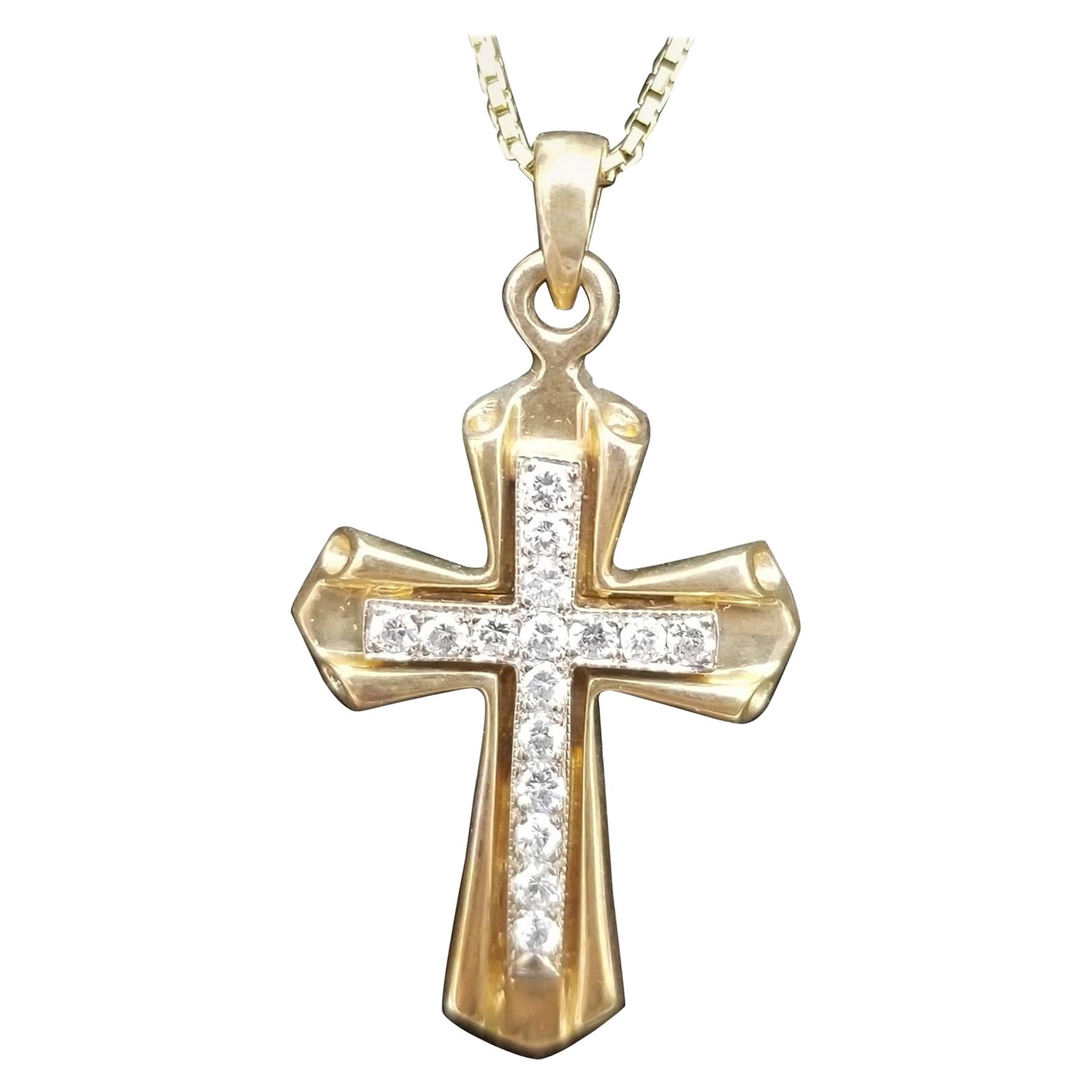 14 Karat 2-farbiges Gold Diamant-Kreuz und Kette