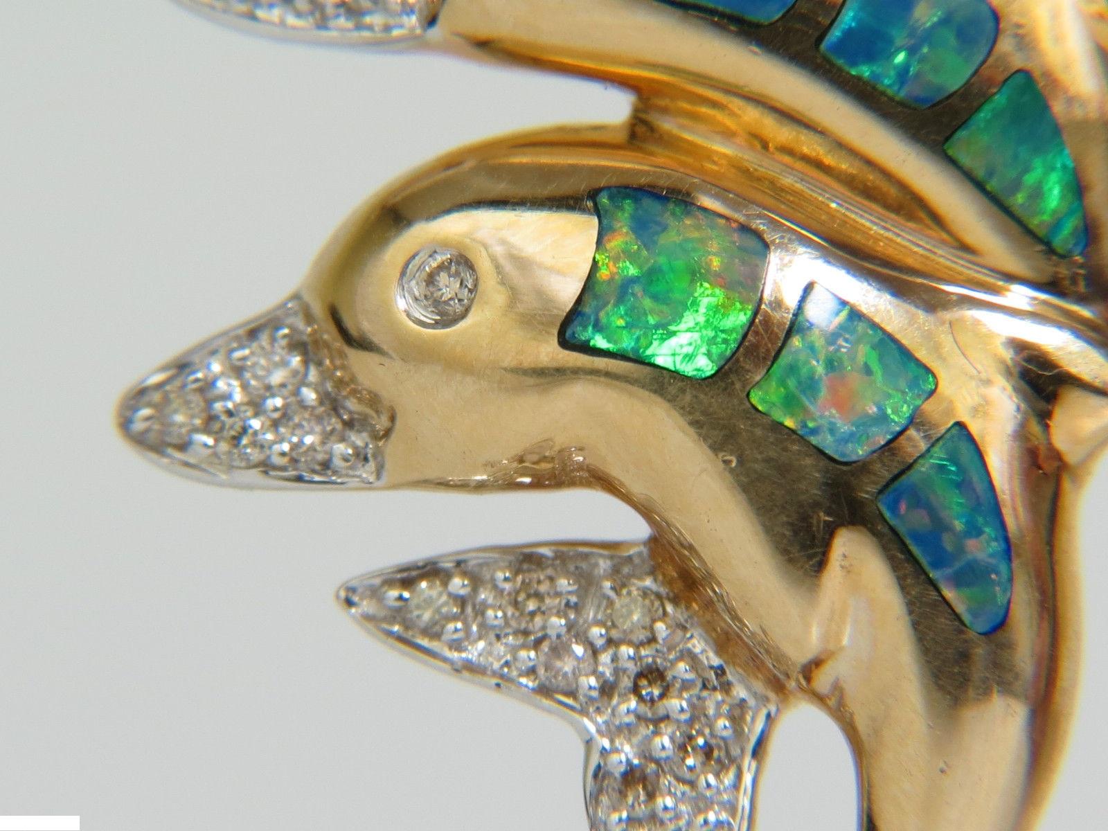 14 Karat .20 Carat Dolphin 3D Natural Brilliant Opal Diamond Brooch Pin 5