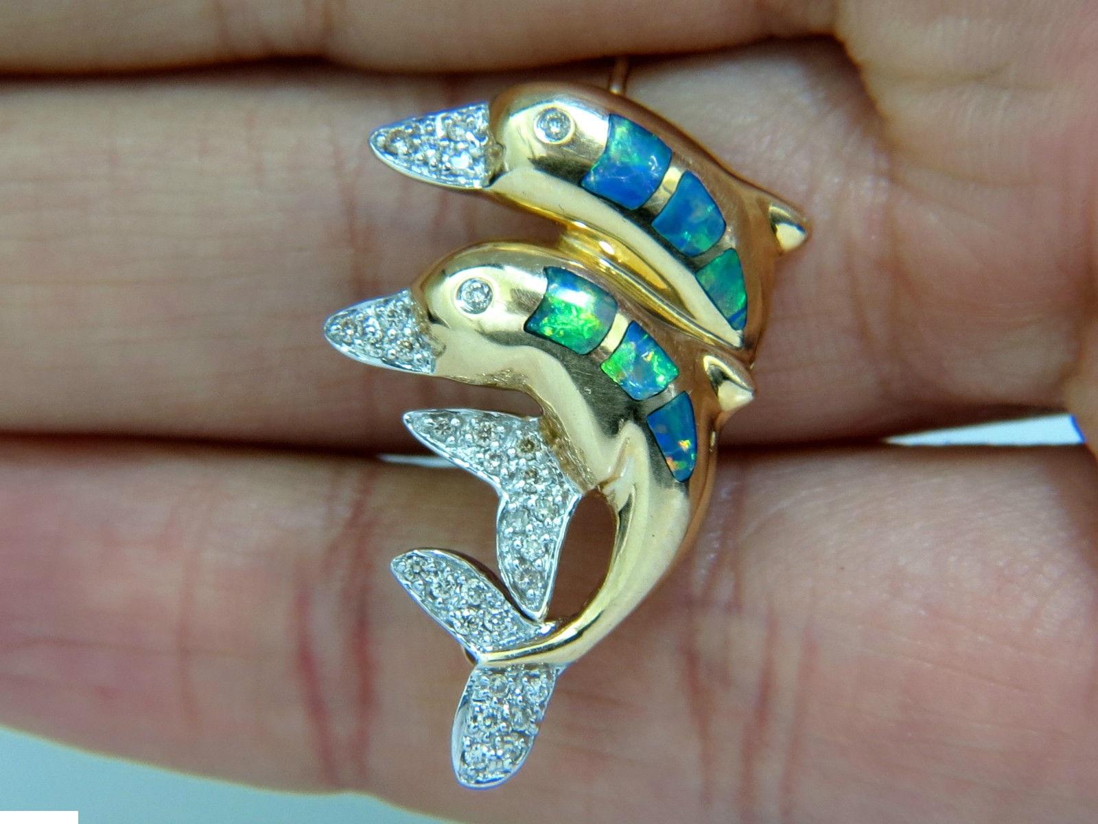14 Karat .20 Carat Dolphin 3D Natural Brilliant Opal Diamond Brooch Pin 6