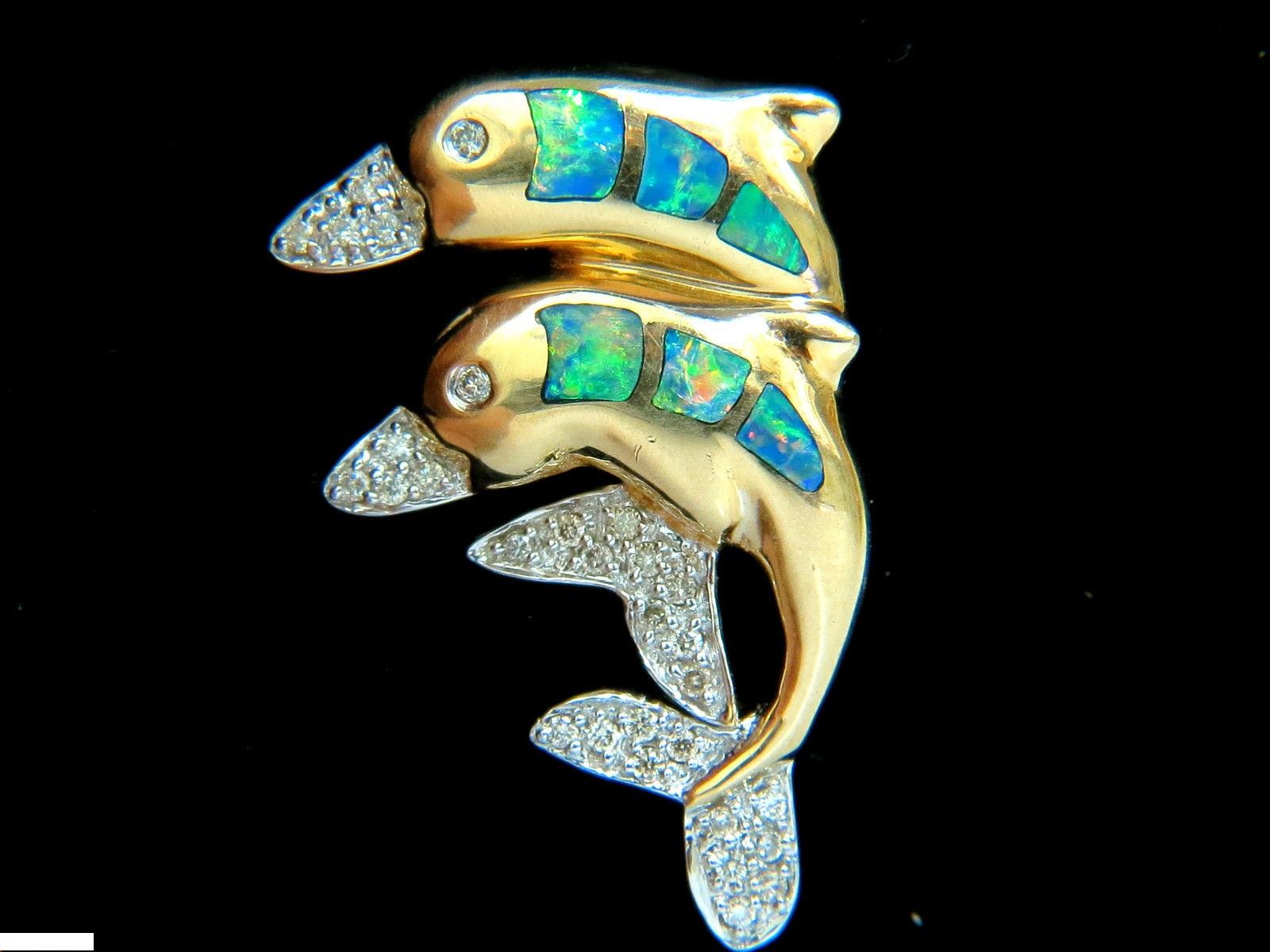 14 Karat .20 Carat Dolphin 3D Natural Brilliant Opal Diamond Brooch Pin In New Condition In New York, NY