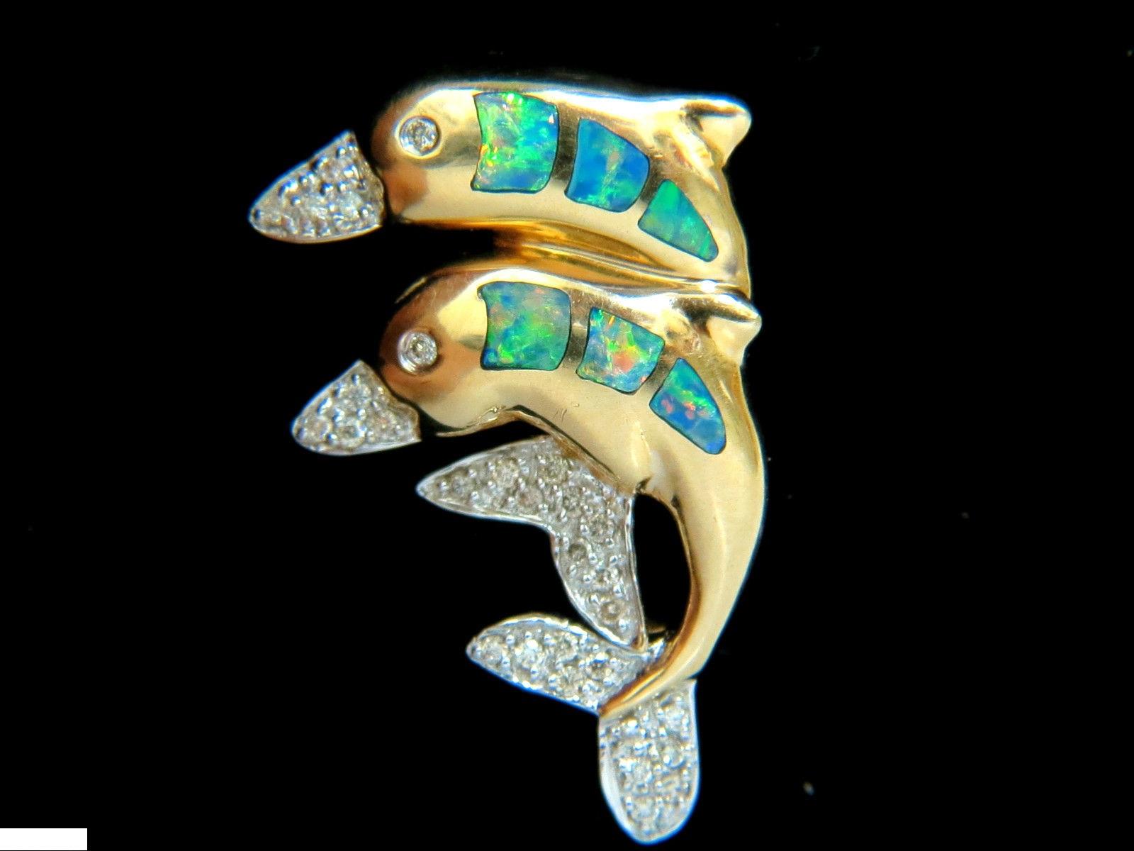 Women's or Men's 14 Karat .20 Carat Dolphin 3D Natural Brilliant Opal Diamond Brooch Pin