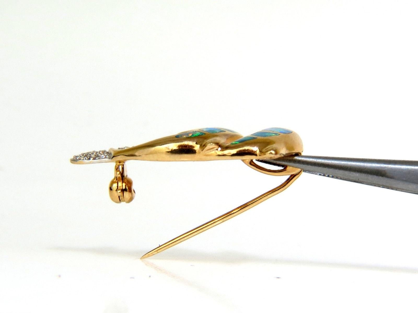14 Karat .20 Carat Dolphin 3D Natural Brilliant Opal Diamond Brooch Pin 1