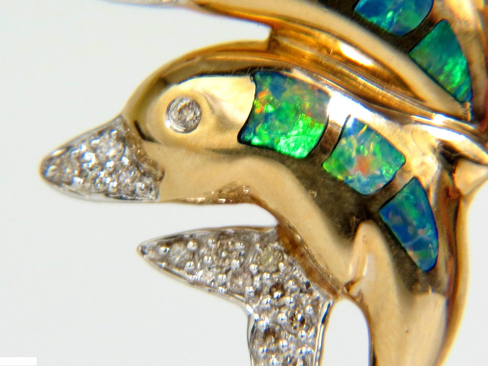 14 Karat .20 Carat Dolphin 3D Natural Brilliant Opal Diamond Brooch Pin 4