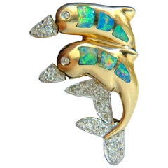 14 Karat .20 Carat Dolphin 3D Natural Brilliant Opal Diamond Brooch Pin