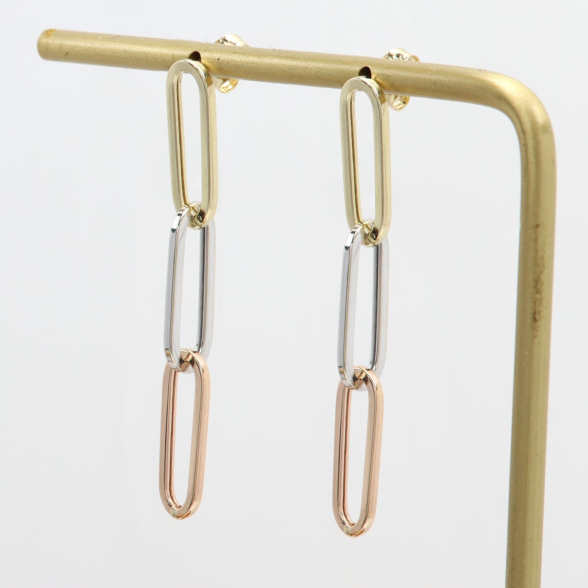 Dos colores de oro 
Pendientes colgantes (2 tipos de oro)
14k Auténtico Oro Amarillo Rosa y Blanco Auténtico
Pendientes colgantes de cadena estilo clip
Tipo de cadena: 5 mm de ancho 15 mm de largo cada eslabón 
Cadena sujetapapeles de oro hecha en