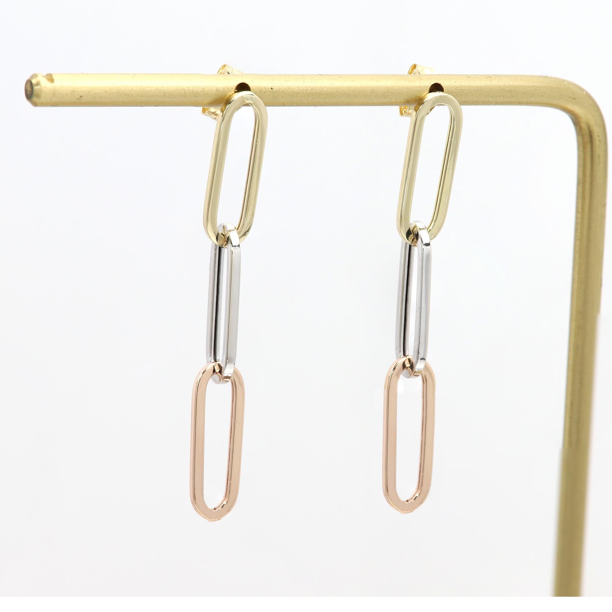 Pendientes de clip de oro de 14 quilates de 3 colores de 5 mm colgantes de 1,5' pulgadas de largo en Nuevo estado para la venta en Brooklyn, NY