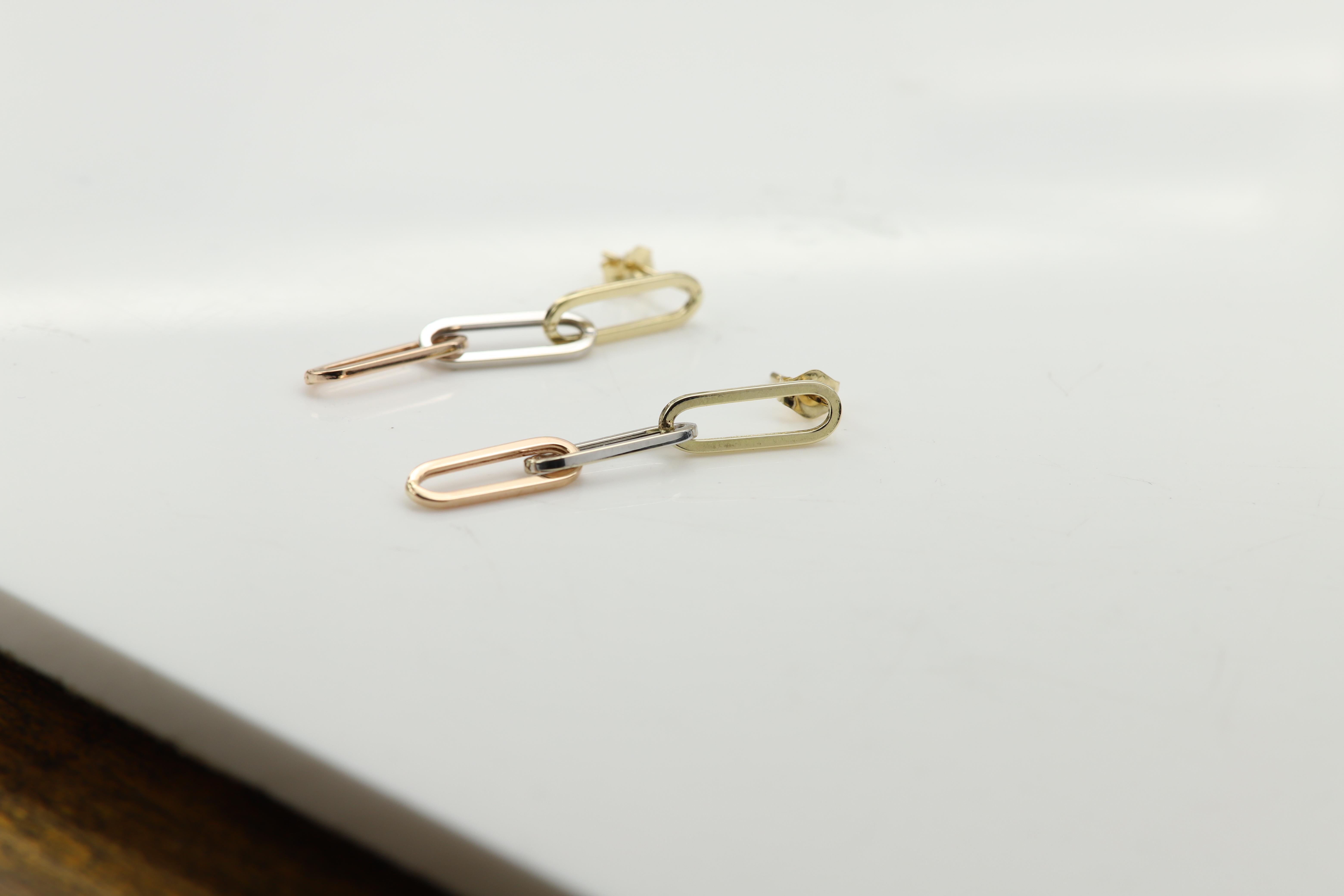 Pendientes de clip de oro de 14 quilates de 3 colores de 5 mm colgantes de 1,5' pulgadas de largo en venta 3