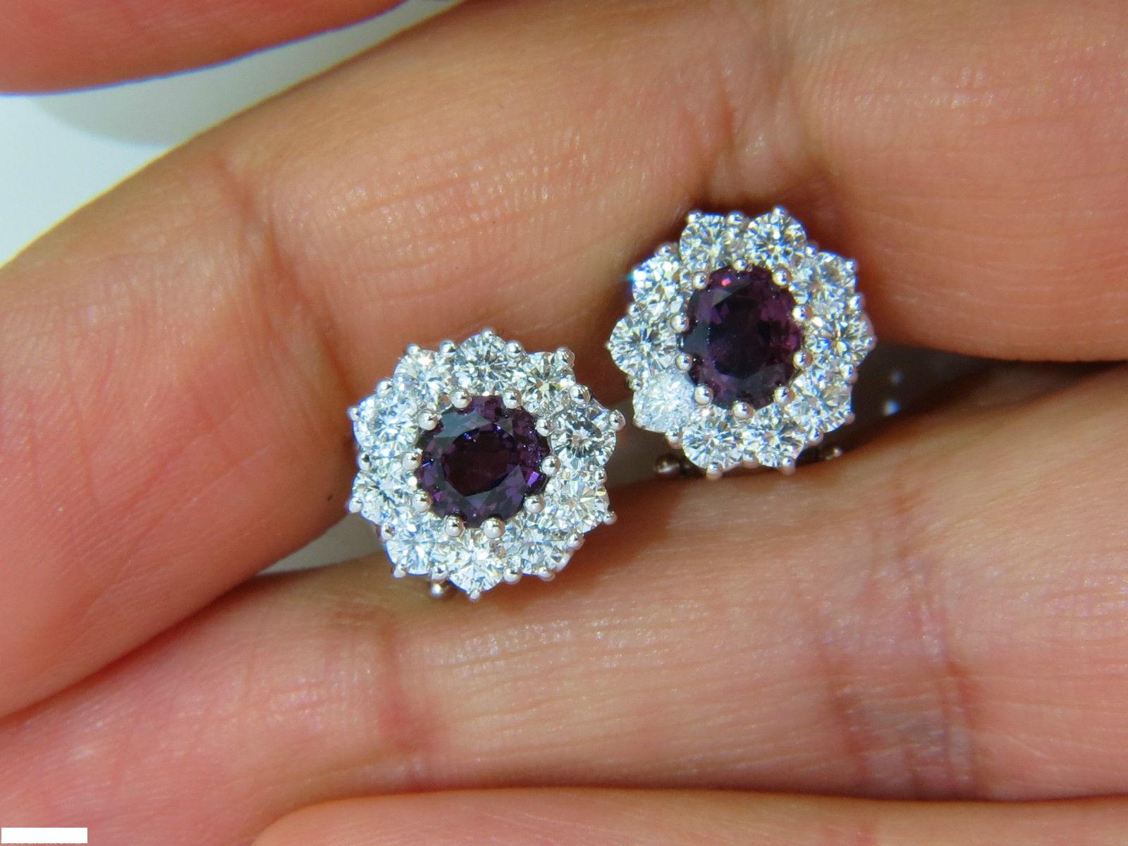 Oval Cut 14 Karat 3.36 Carat Natural Purple Spinel Diamond Cluster Earrings and Omega For Sale