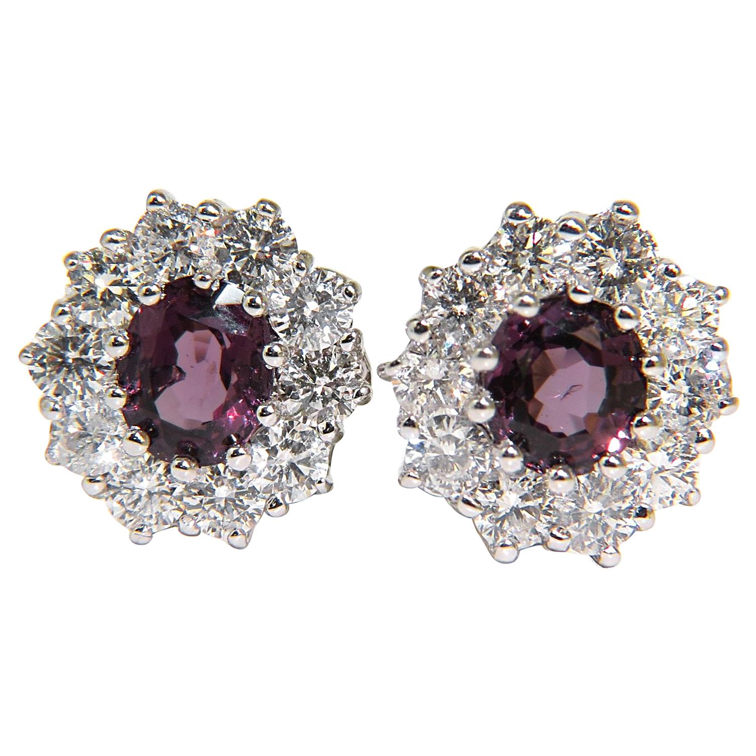 14 Karat 3.36 Carat Natural Purple Spinel Diamond Cluster Earrings and Omega
