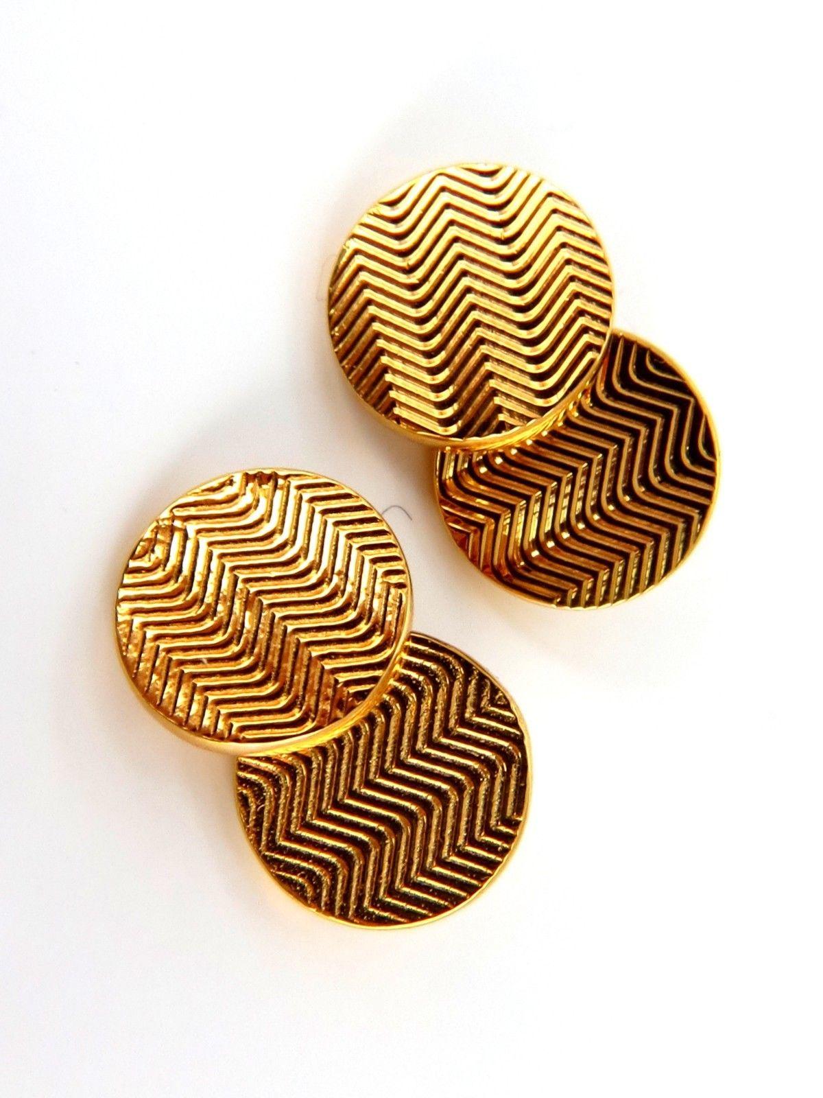 14 Karat 3D Circular Double Textured Gold Cufflinks Tread Lines In New Condition For Sale In New York, NY