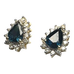 14 Karat .85 Carat Sapphire Pear-Shaped Halo Diamond Stud, Earrings