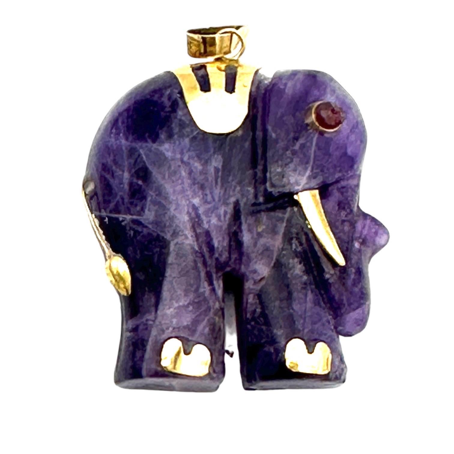 14 Karat afrikanischer Amethyst-Elefanten-Anhänger, Rubin akzentuiert, Gold
