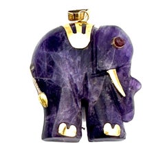 14 Karat African Amethyst Elephant Pendant Ruby Accented Gold