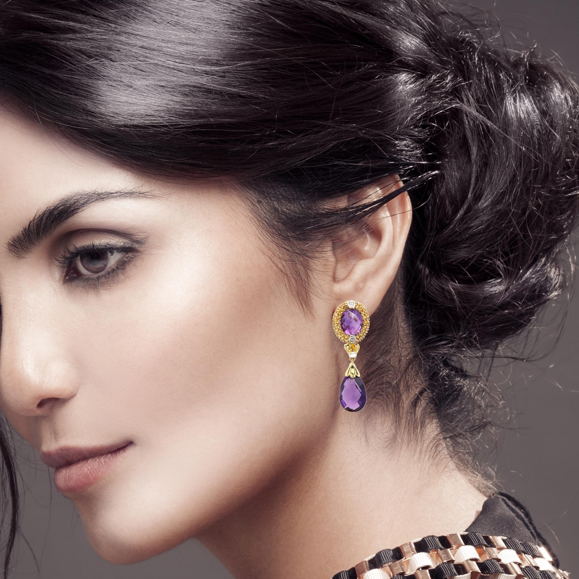 Taille poire Boucles d'oreilles Améthyste fantaisie 14 carats Saphir jaune et diamants en vente