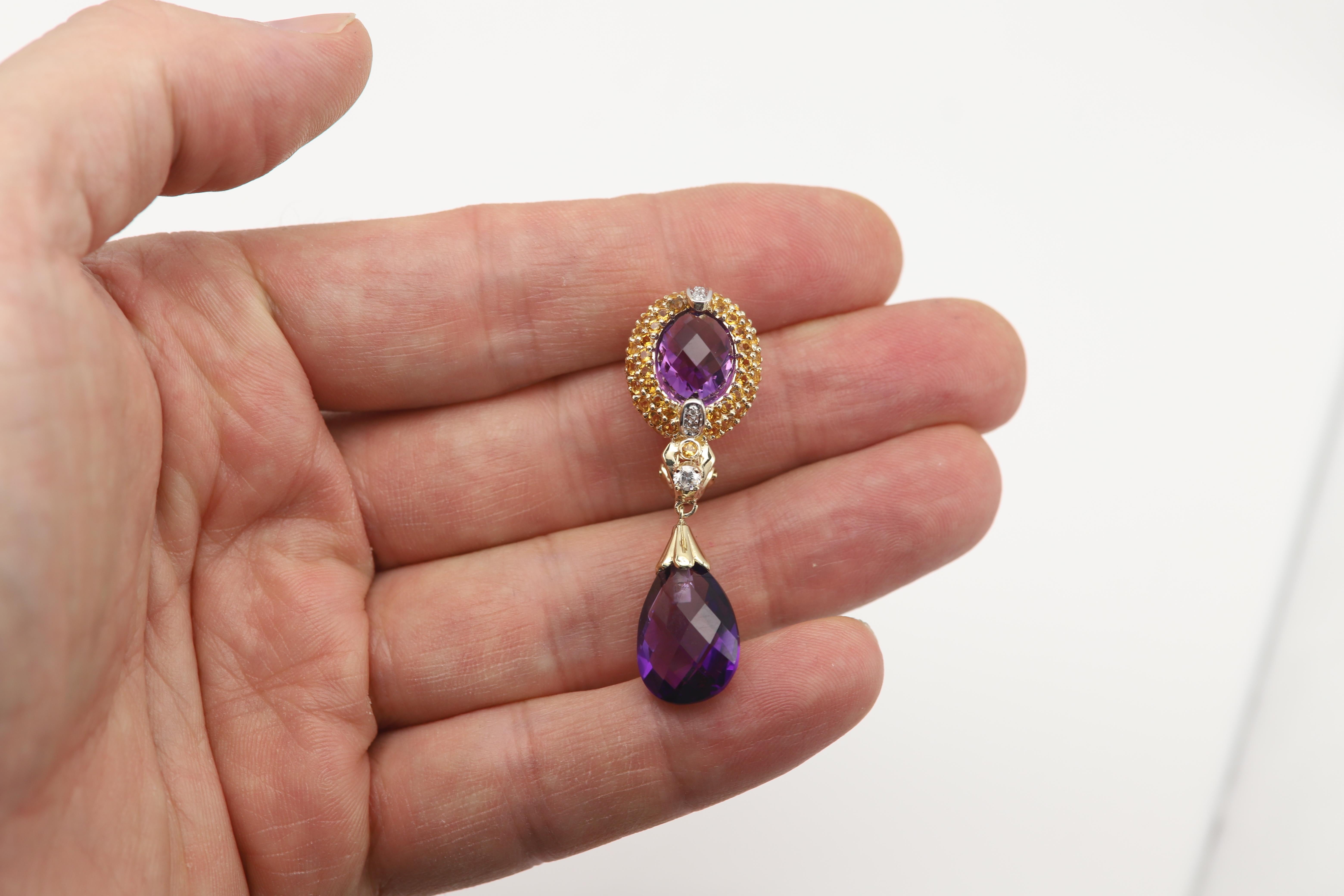 Boucles d'oreilles Améthyste fantaisie 14 carats Saphir jaune et diamants Neuf - En vente à Brooklyn, NY