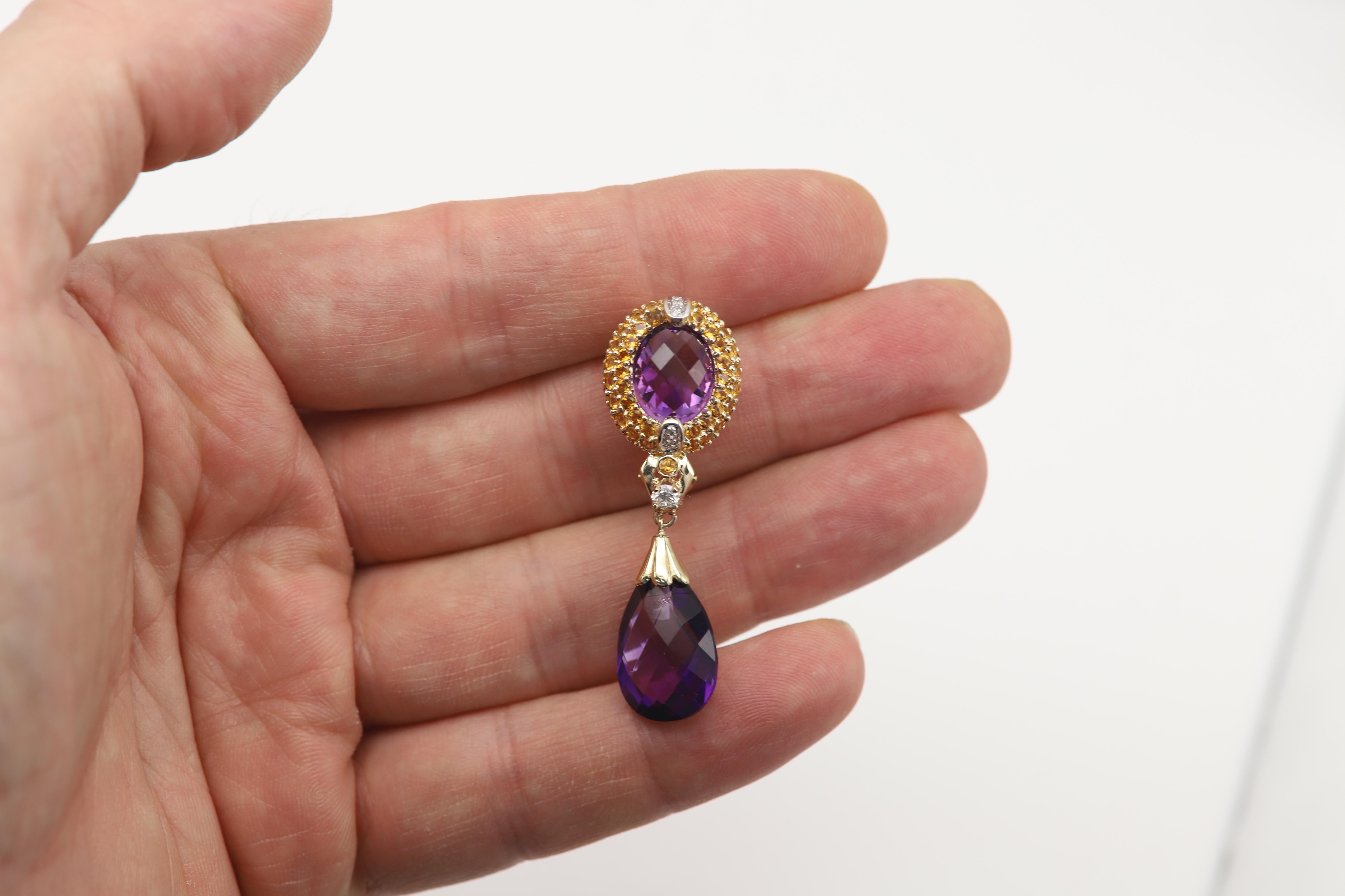 Boucles d'oreilles Améthyste fantaisie 14 carats Saphir jaune et diamants Pour femmes en vente