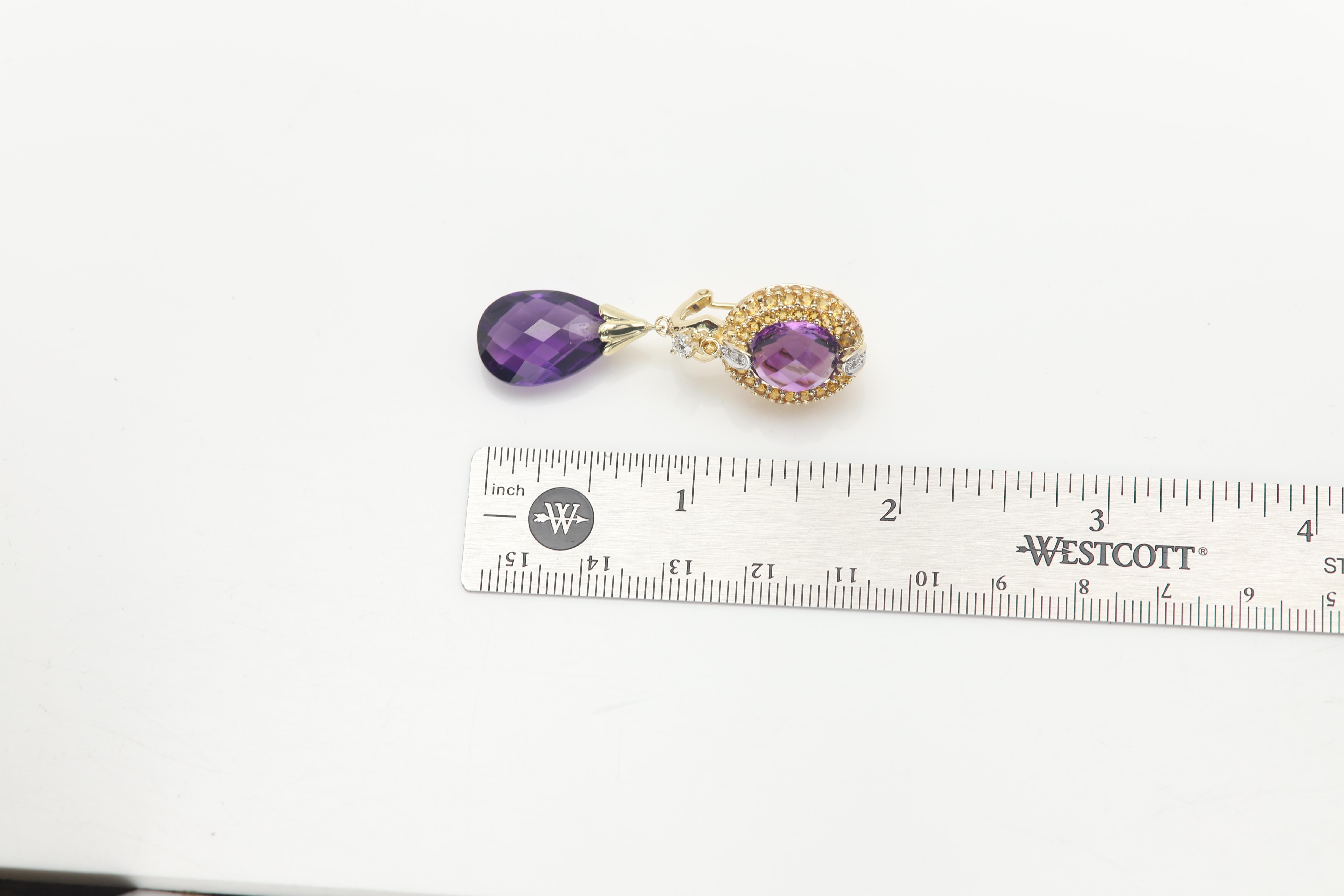 Boucles d'oreilles Améthyste fantaisie 14 carats Saphir jaune et diamants en vente 1