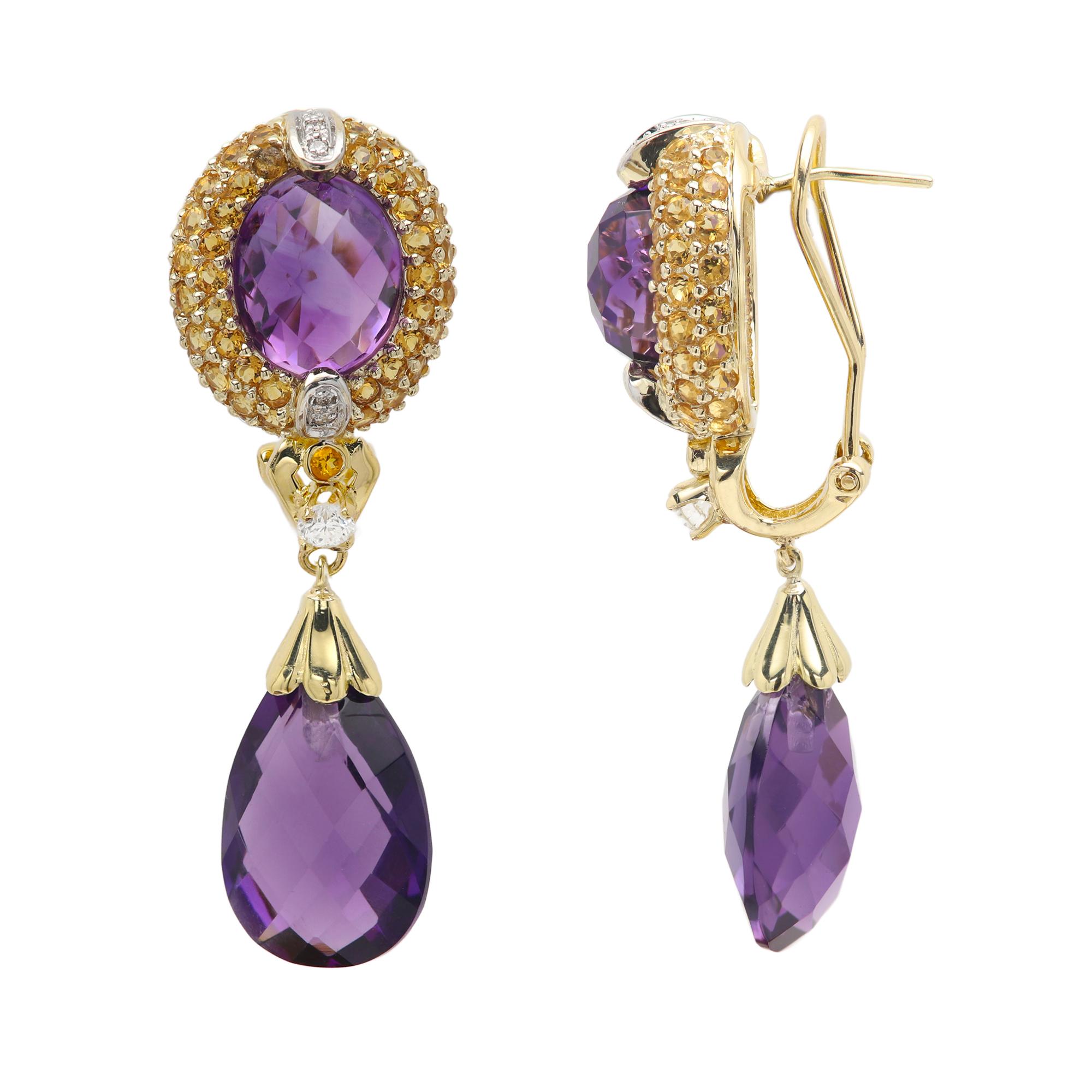 Boucles d'oreilles Améthyste fantaisie 14 carats Saphir jaune et diamants en vente 2