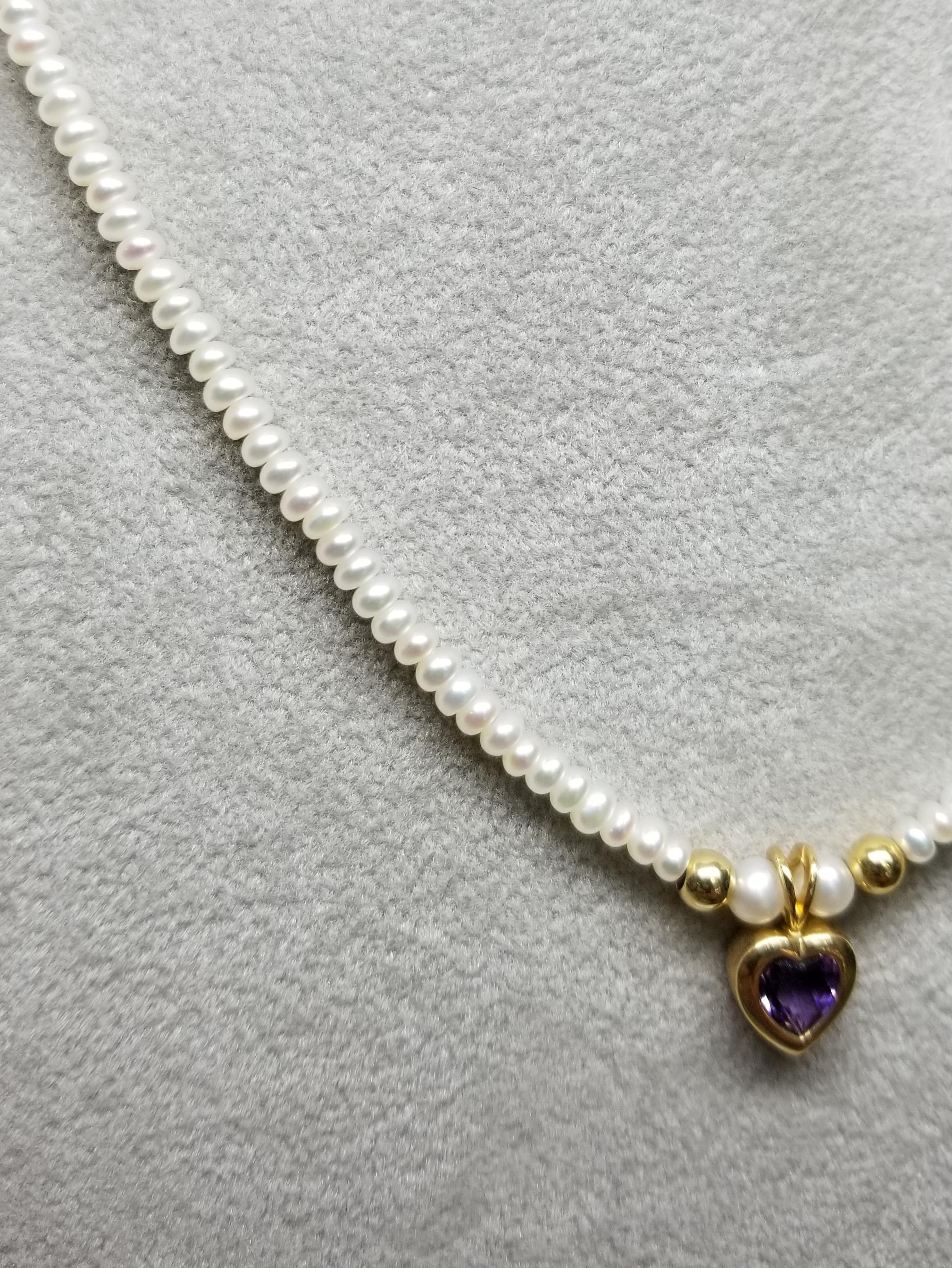 Contemporary 14 Karat Amethyst Heart Necklace on Pearls