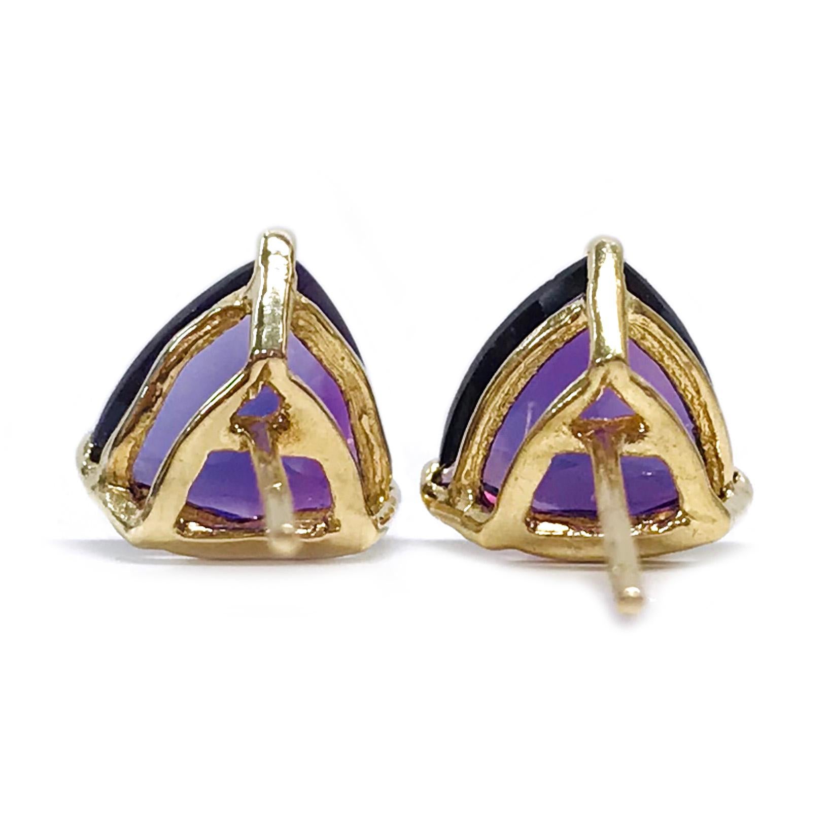 Trillion Cut Yellow Gold Amethyst Stud Earrings For Sale