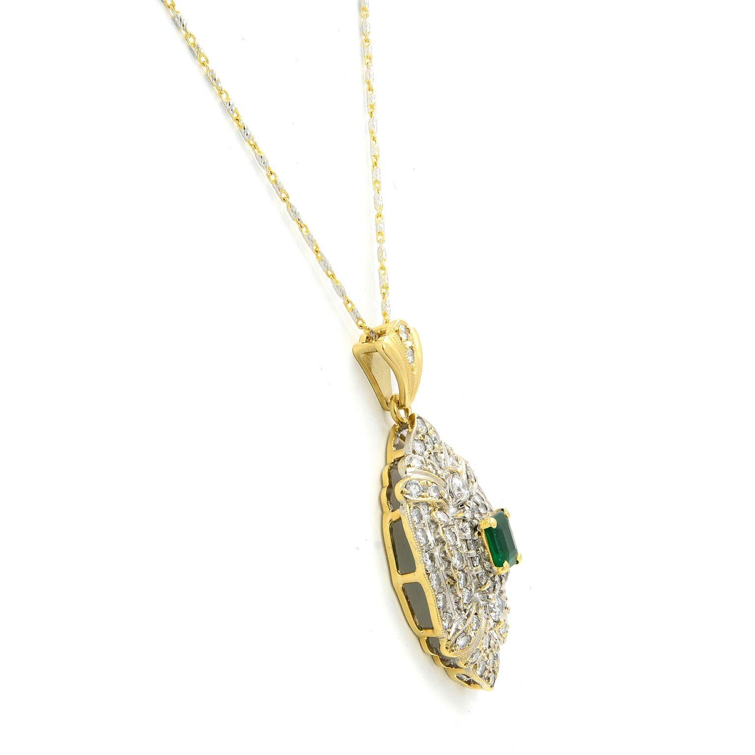 14 Karat and 18 Karat Gold Diamond 2.00 Carat Emerald Pendant Necklace In New Condition For Sale In New York, NY