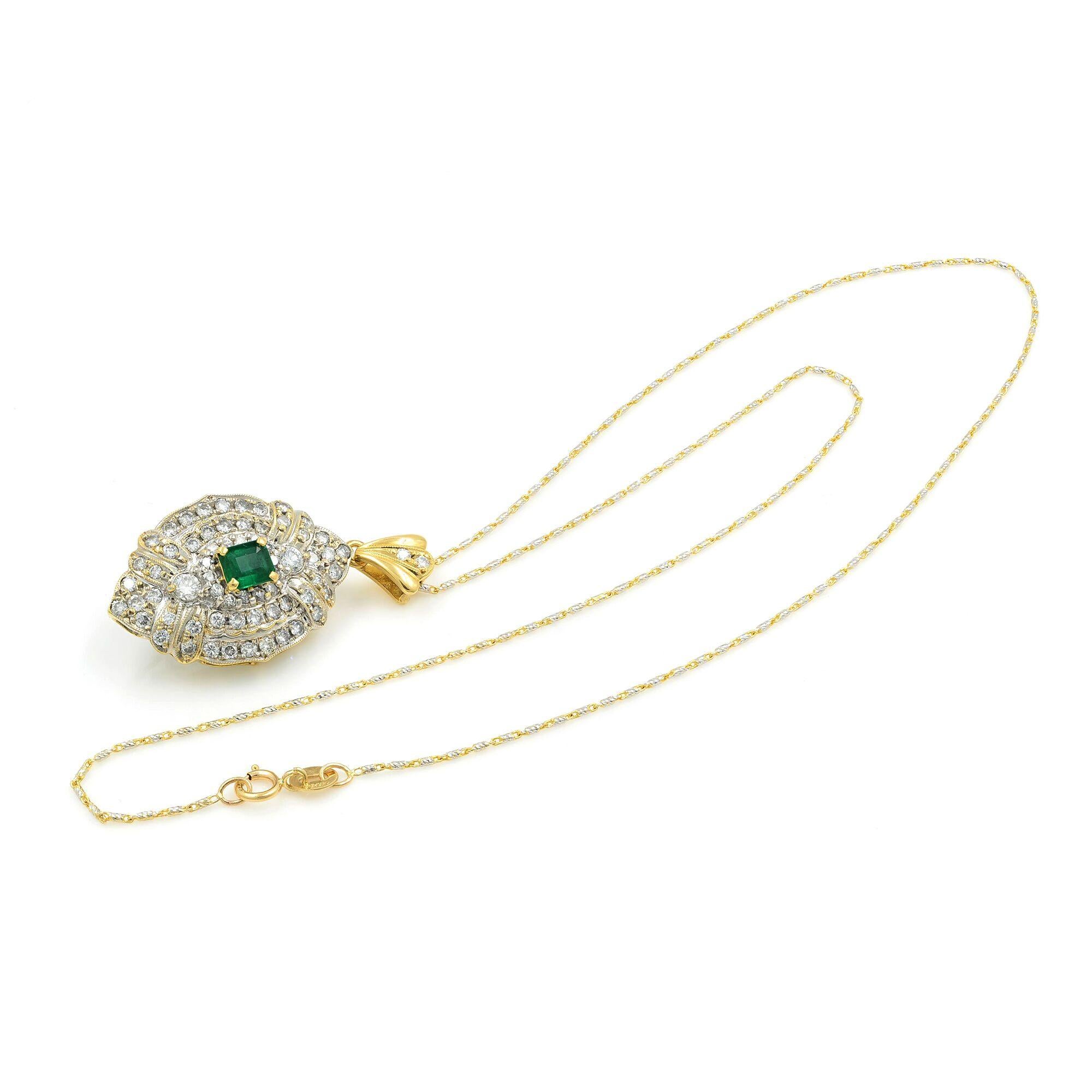 14 Karat und 18 Karat Gold Diamant-Halskette mit 2,00 Karat Smaragd-Anhänger Damen im Angebot