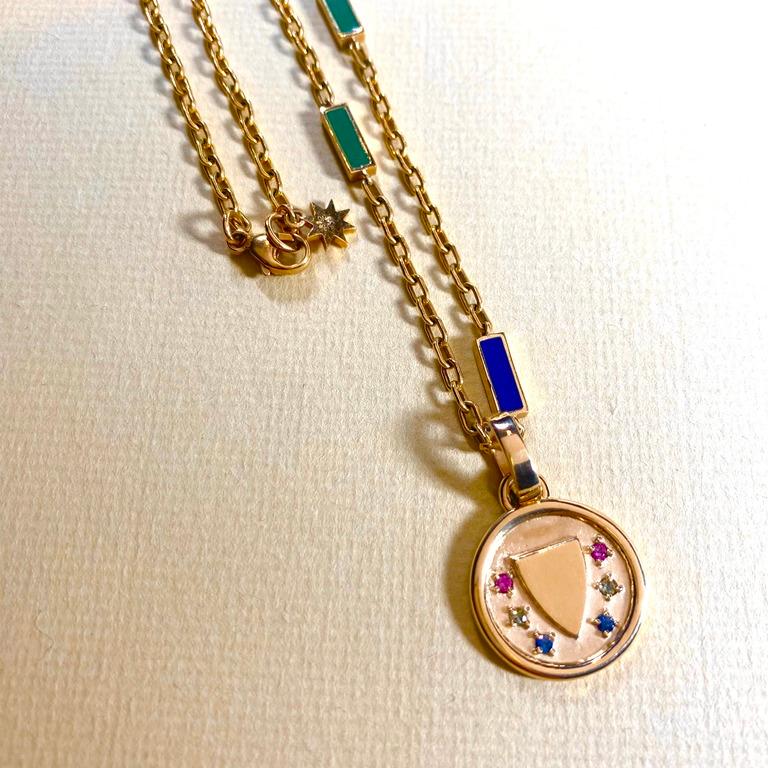 14 Karat and Colored Sapphire Shield Pendant on Link Chain with Charm Holder In New Condition For Sale In New York, NY