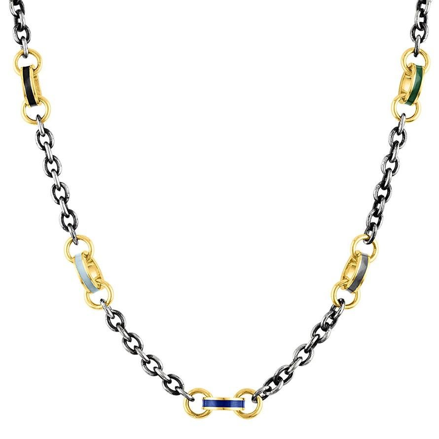 Contemporary 14 Karat and Oxidized Silver Chain with Gold and Enamel Links For Sale