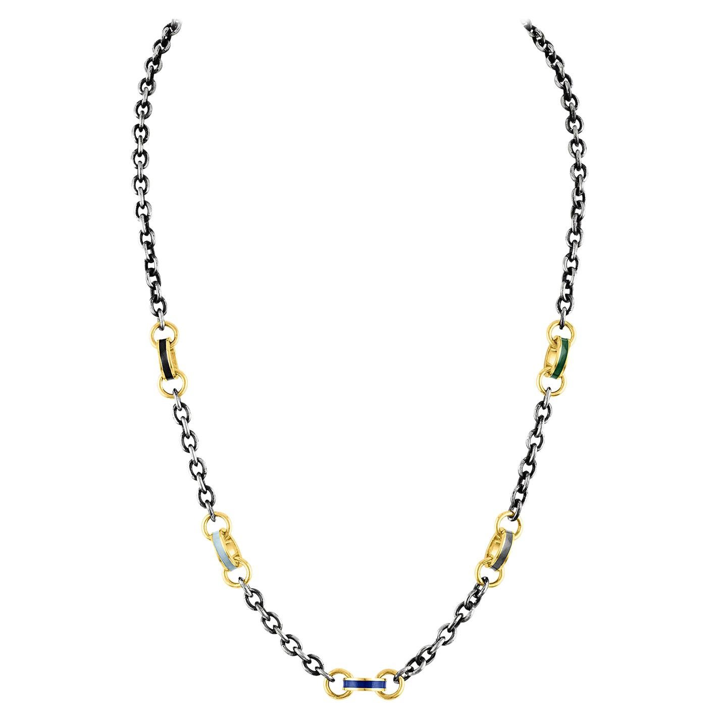 14 Karat and Oxidized Silver Chain with Gold and Enamel Links For Sale