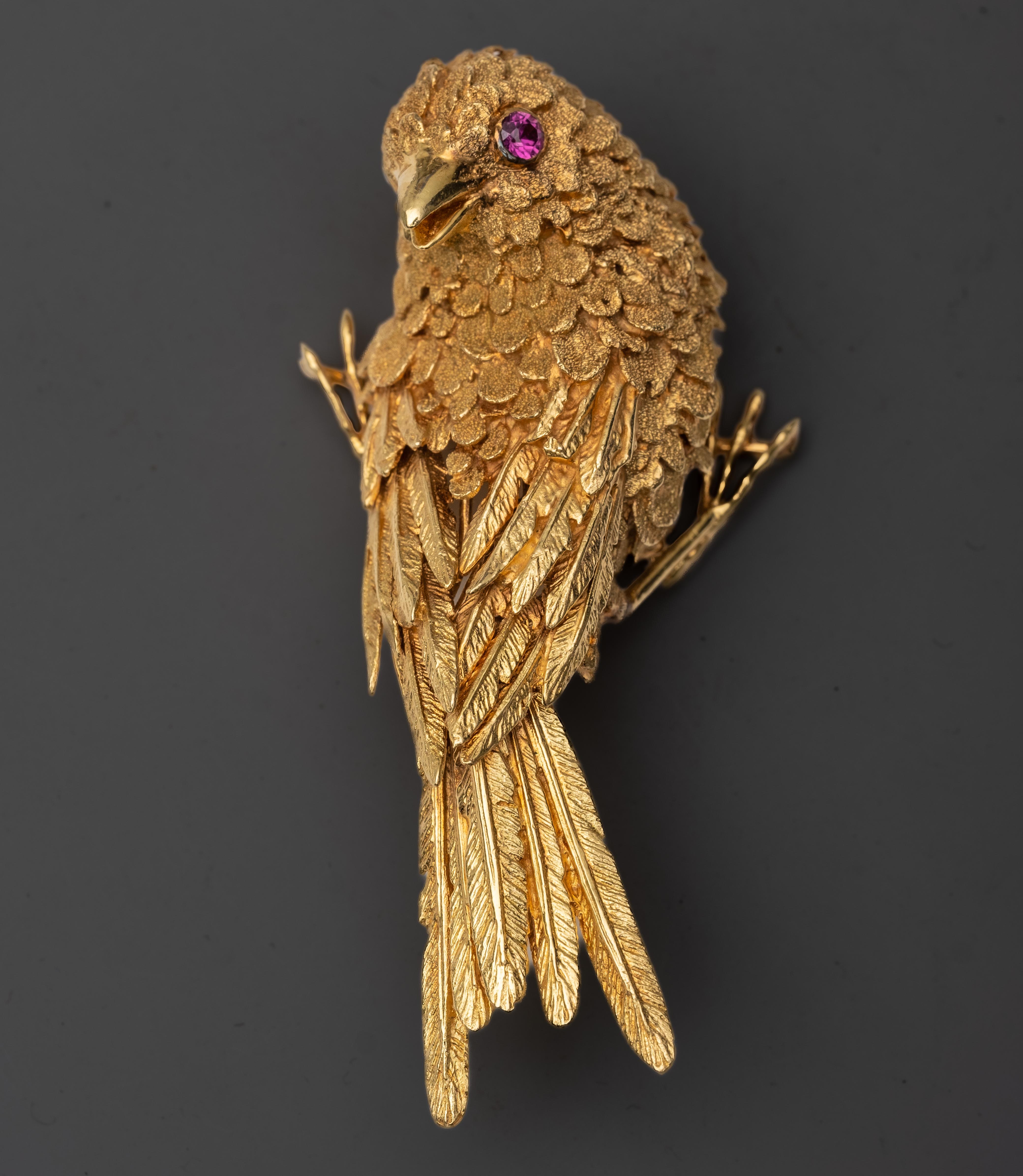 14 Karat Yellow Gold Bird Brooch, having ruby eyes, length 2 3/4 inches, 29 grams