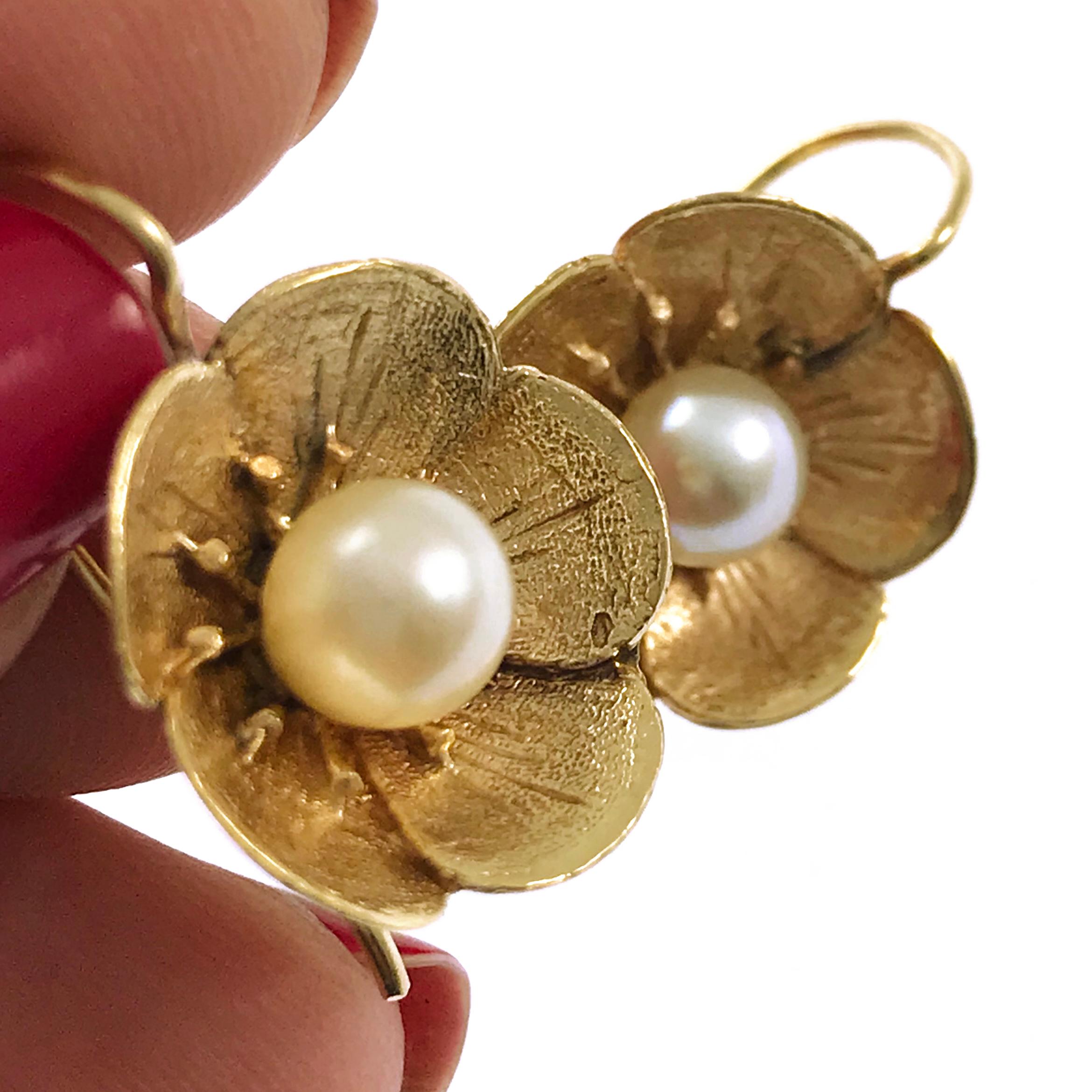 gold pearl flower earrings