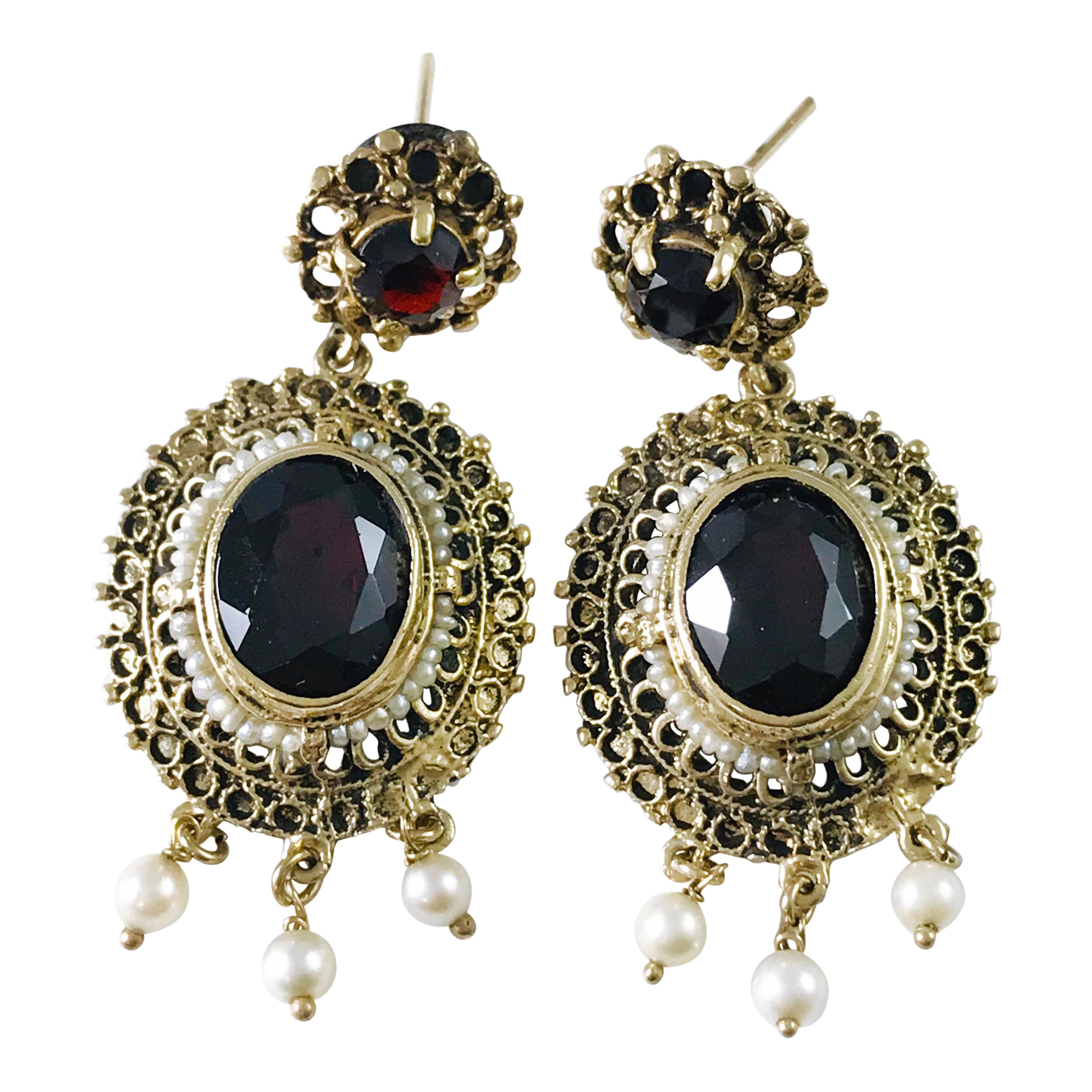 14 Karat Antique Garnet Seed Pearl Earrings For Sale